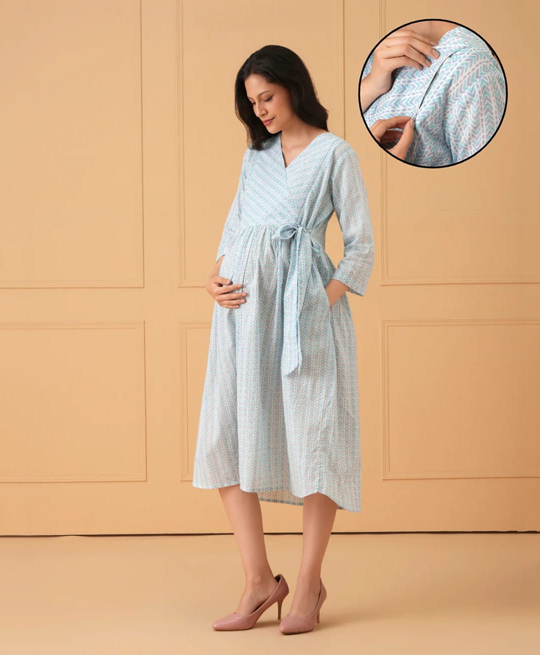 The Mom Store Cotton Woven Three Fourth Sleevees Chevron Printed Maternity Dress With Side Zipper Nursing Access - Light Blue-picture-21