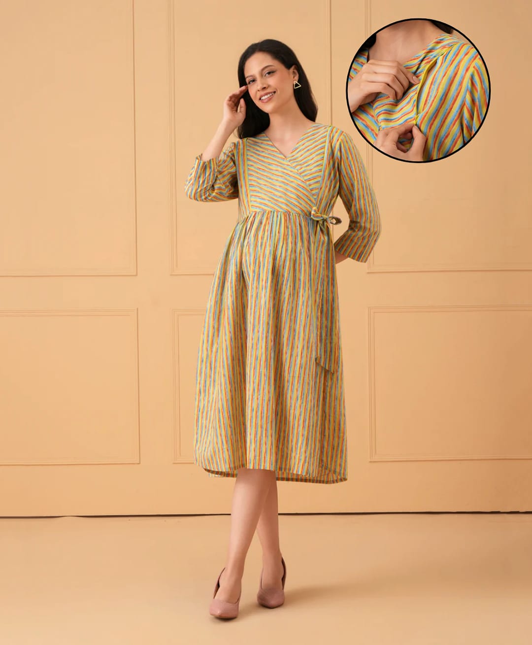 The Mom Store Cotton Woven Three Fourth Sleeves Striped Side Nursing Access Maternity Dress - Light Yellow
