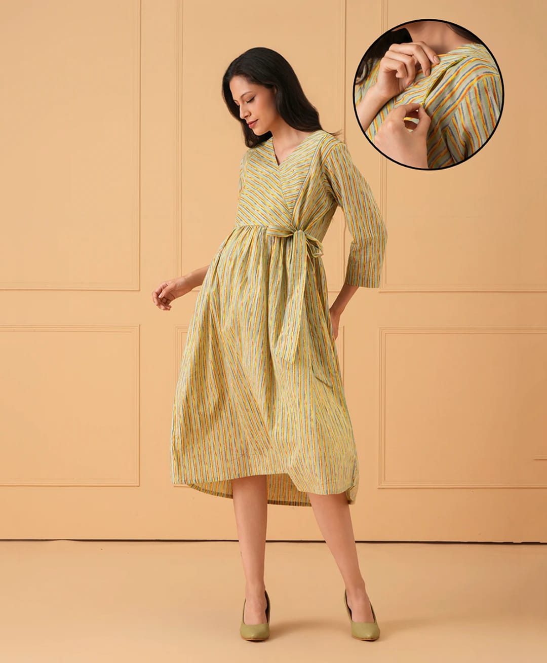The Mom Store Cotton Woven Three Fourth Sleeves Striped Side Nursing Access Maternity Dress - Mustard-picture-11