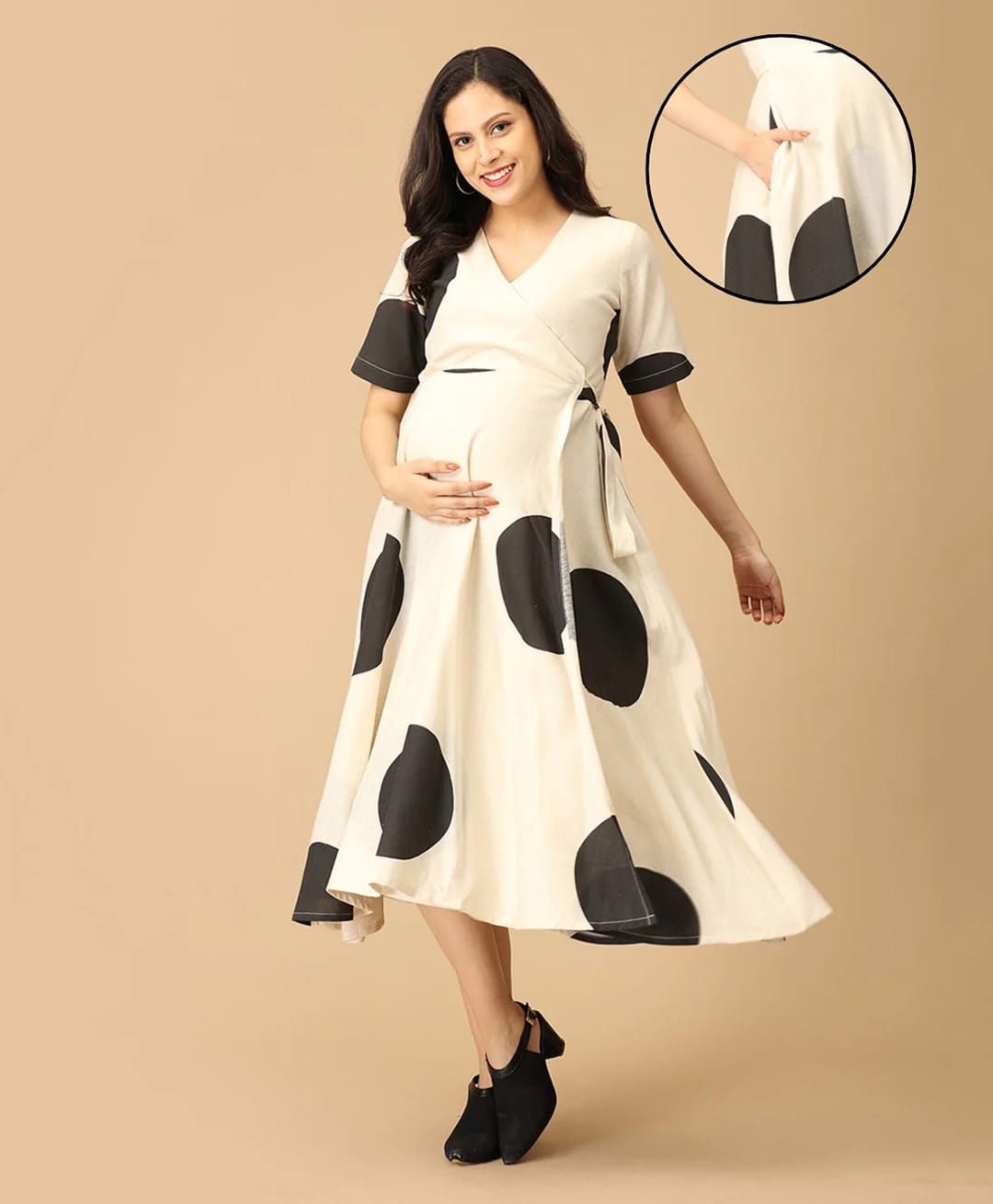 The Mom Store Cotton Woven Half Sleeves Polka Dots Printed Maternity Wrap Dress - Off White-image-14