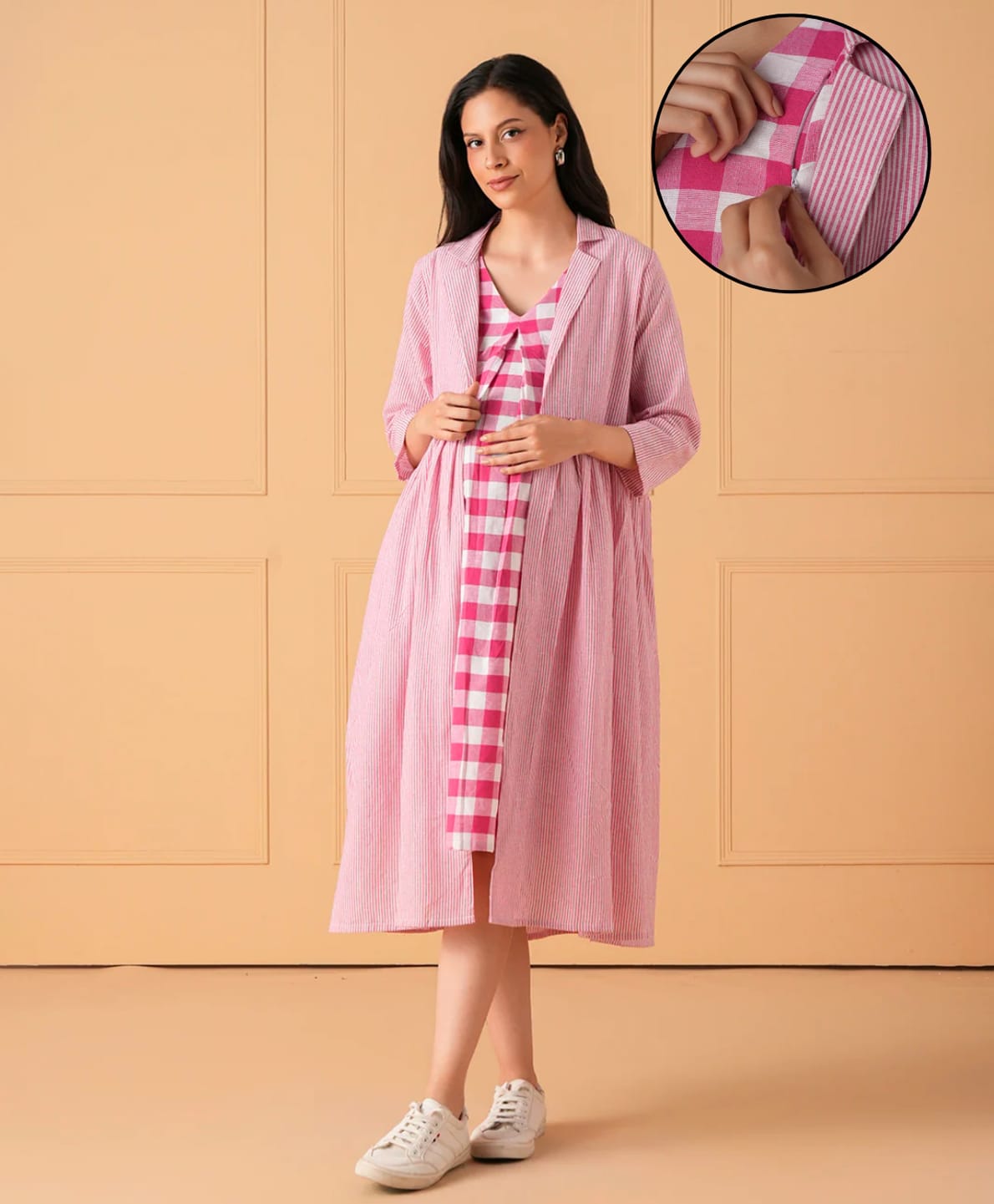 The Mom Store Cotton Woven Three Fourth Sleeves Checked Side Nursing Access Maternity Dress With Shacket - Pink-picture-38