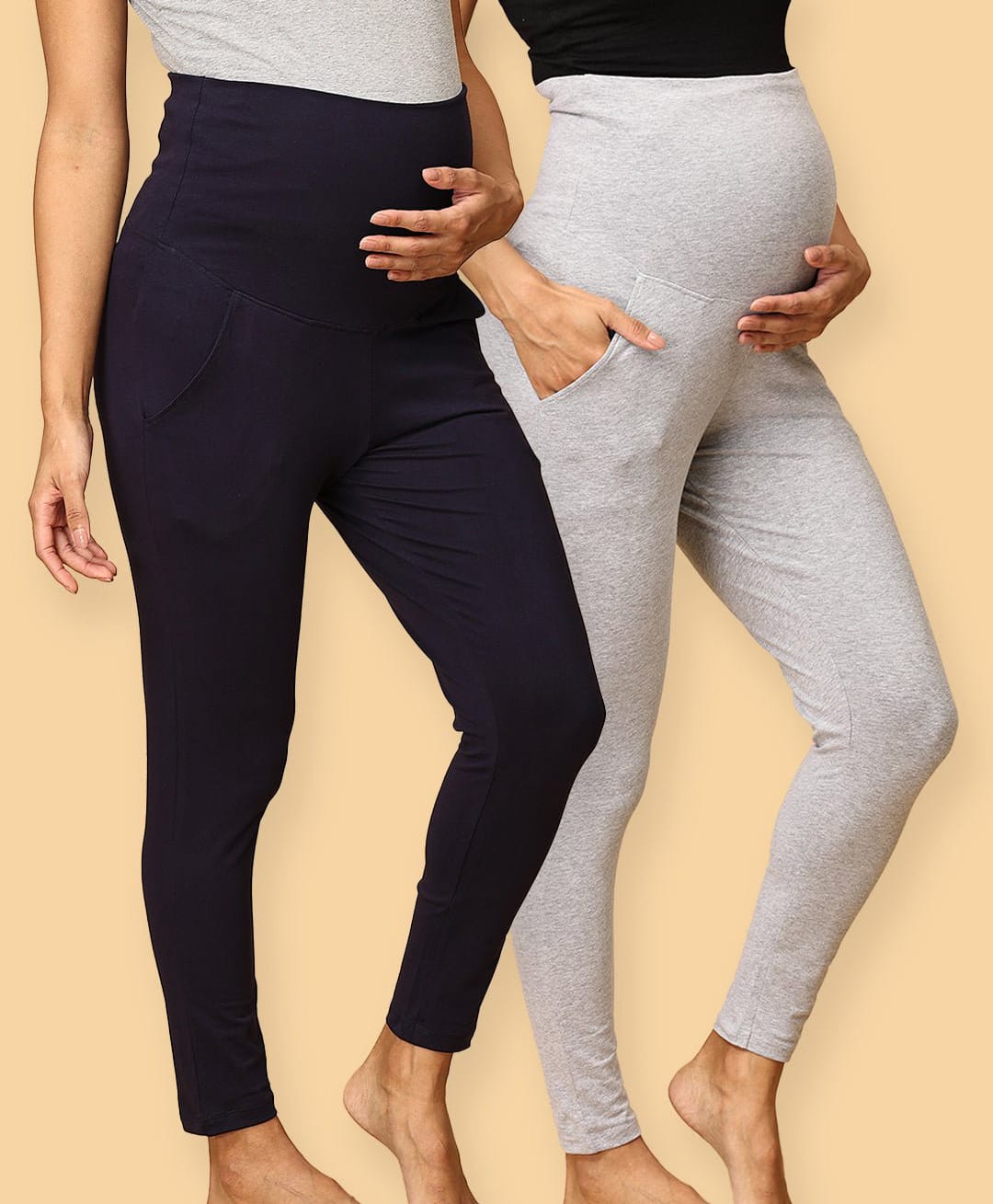 The Mom Store Cotton Lycra Woven Pack Of 2 Solid Maternity Leggings - Grey & Navy Blue-picture-20