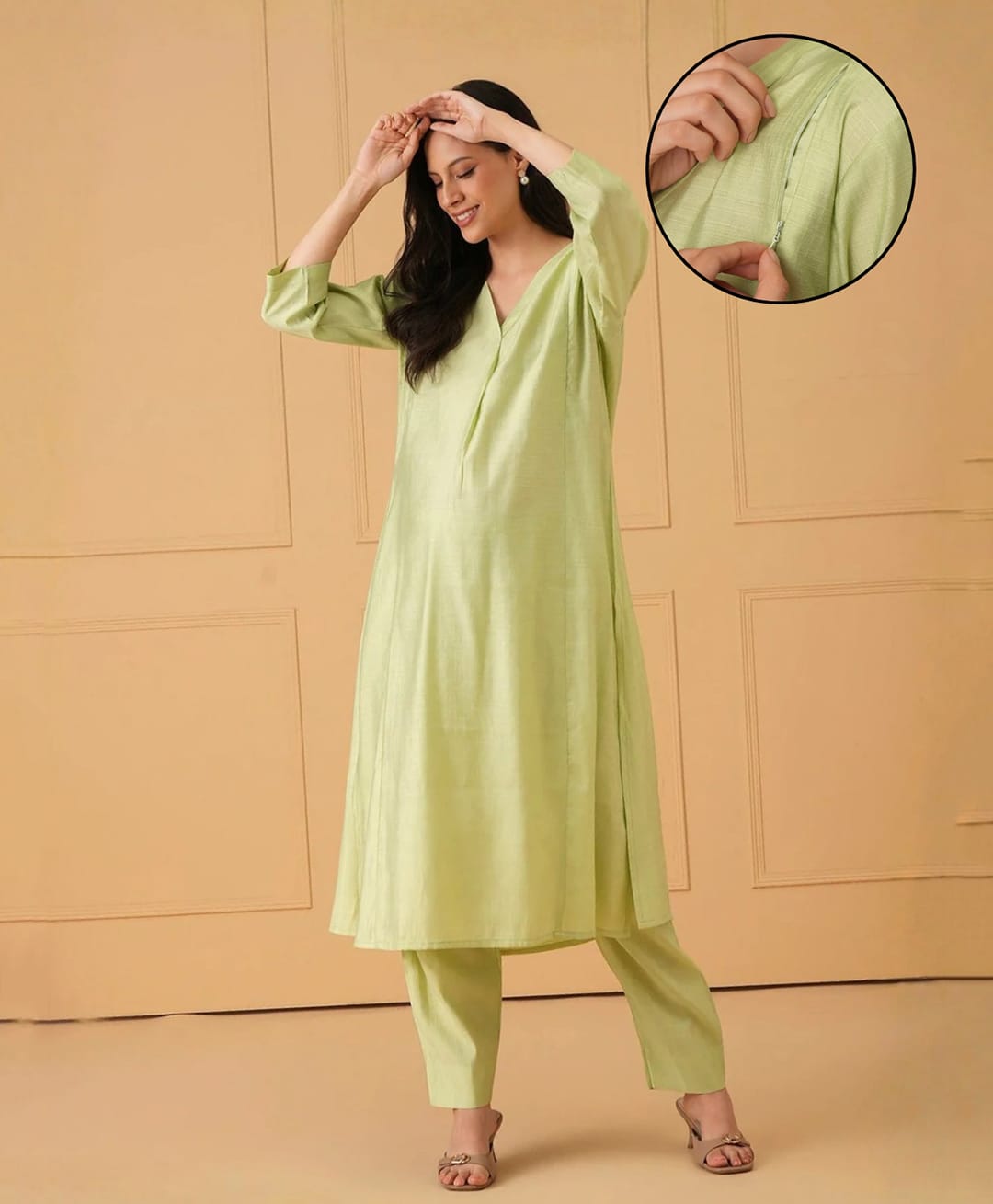 The Mom Store Cotton Woven Three Fourth Sleeves Solid Side Nursing Access Maternity Kurti & Trouser Set - Light Green-picture-10