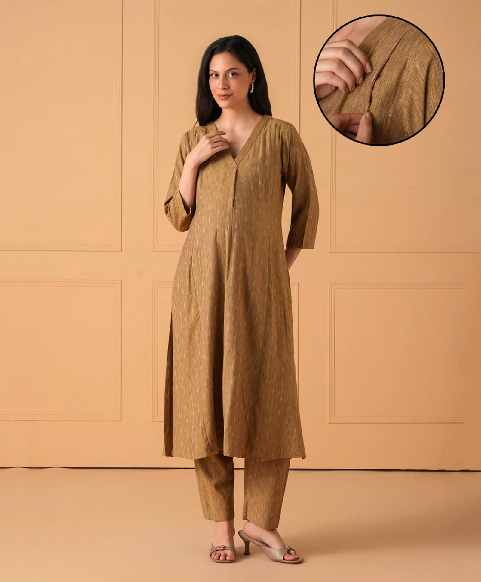 The Mom Store Cotton Woven Three Fourth Sleeves Solid Maternity Kurti With Side Zipper Nursing Access & Trouser Set - Green-picture-36