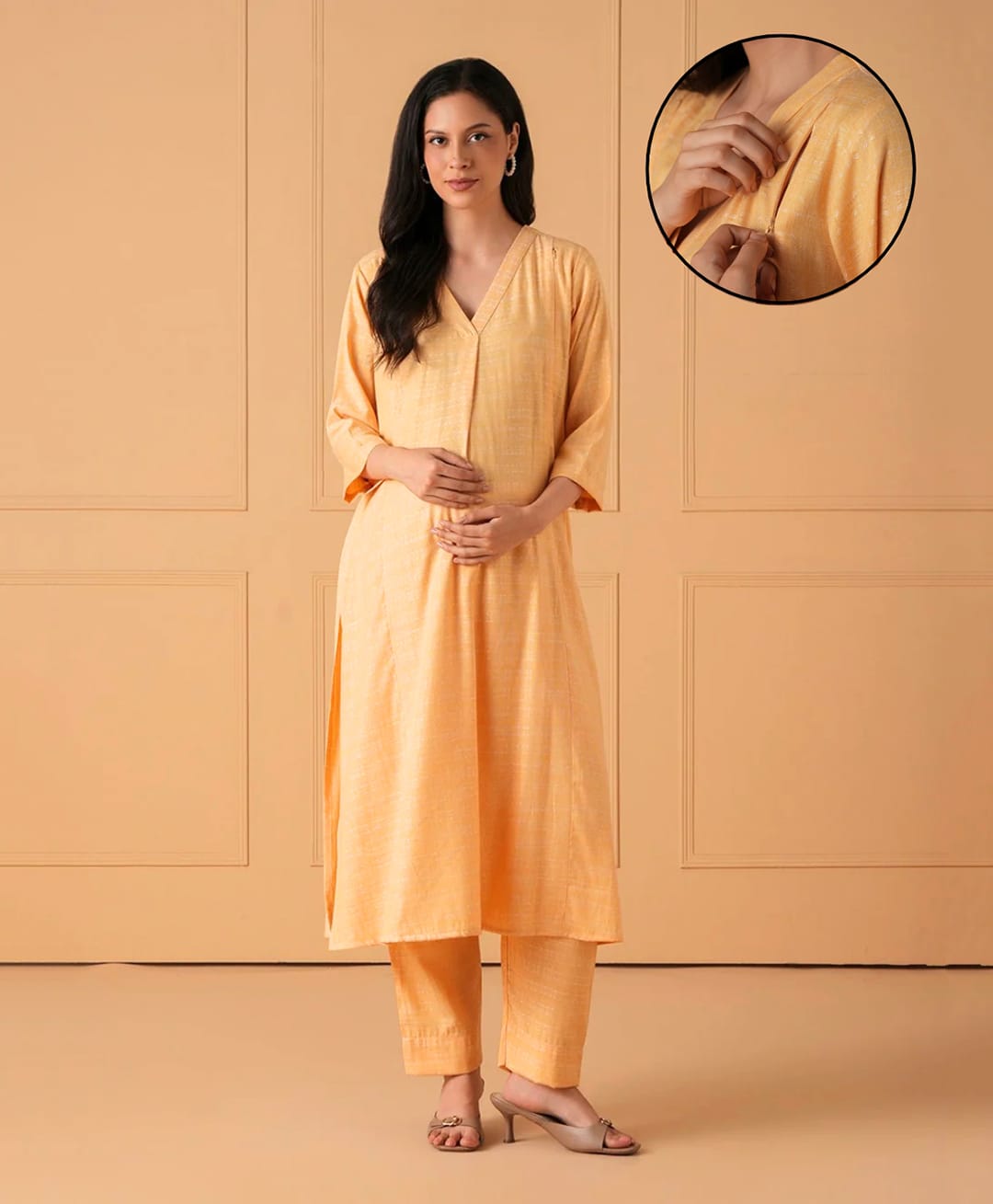 The Mom Store Cotton Woven Three Fourth Sleeves Solid Side Nursing Access Maternity Kurti & Trouser Set - Yellow-image-10