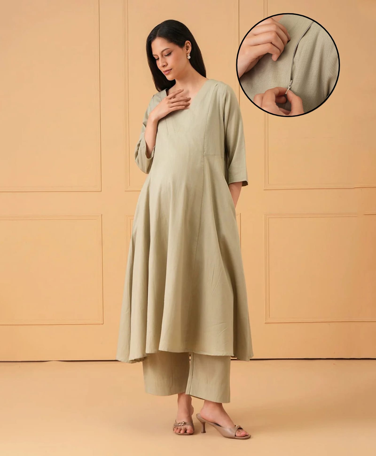 The Mom Store Cotton Woven Three Fourth Sleevees Solid Maternity Kurti With Side Zipper Nursing Access With Pant Set - Light Green-picture-30