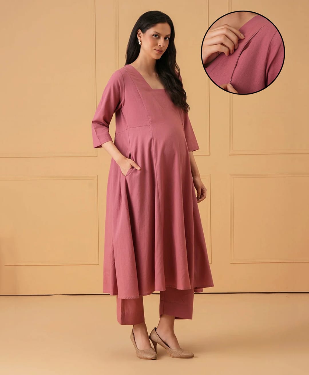 The Mom Store Cotton Woven Three Fourth Sleeves Solid Side Nursing Access Maternity Kurti & Trouser Set - Dark Pink-image-11