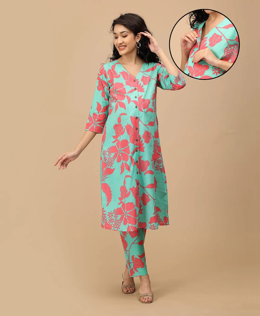 The Mom Store Cotton Woven Three Fourth Sleeves Floral Printed Side Nursing Access Maternity Kurti & Trouser Set - Aqua Blue-picture-37