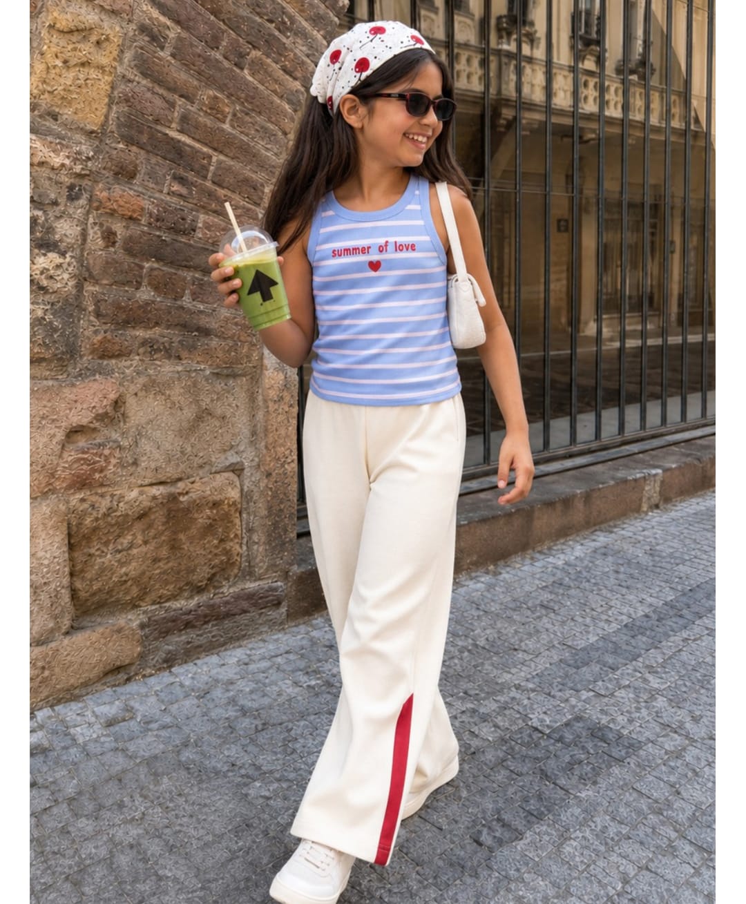 Nap Chief Cotton Blend Knit Sleeveless Summer Of Love Text Printed Striped Top & Pants Set - Blue-image-12