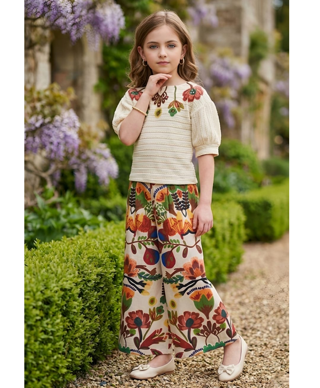 Lei-Chie Cotton Blend Woven Half Puffed Sleeves Floral Embroidered Top & Palazzo Set - Brown-image-33