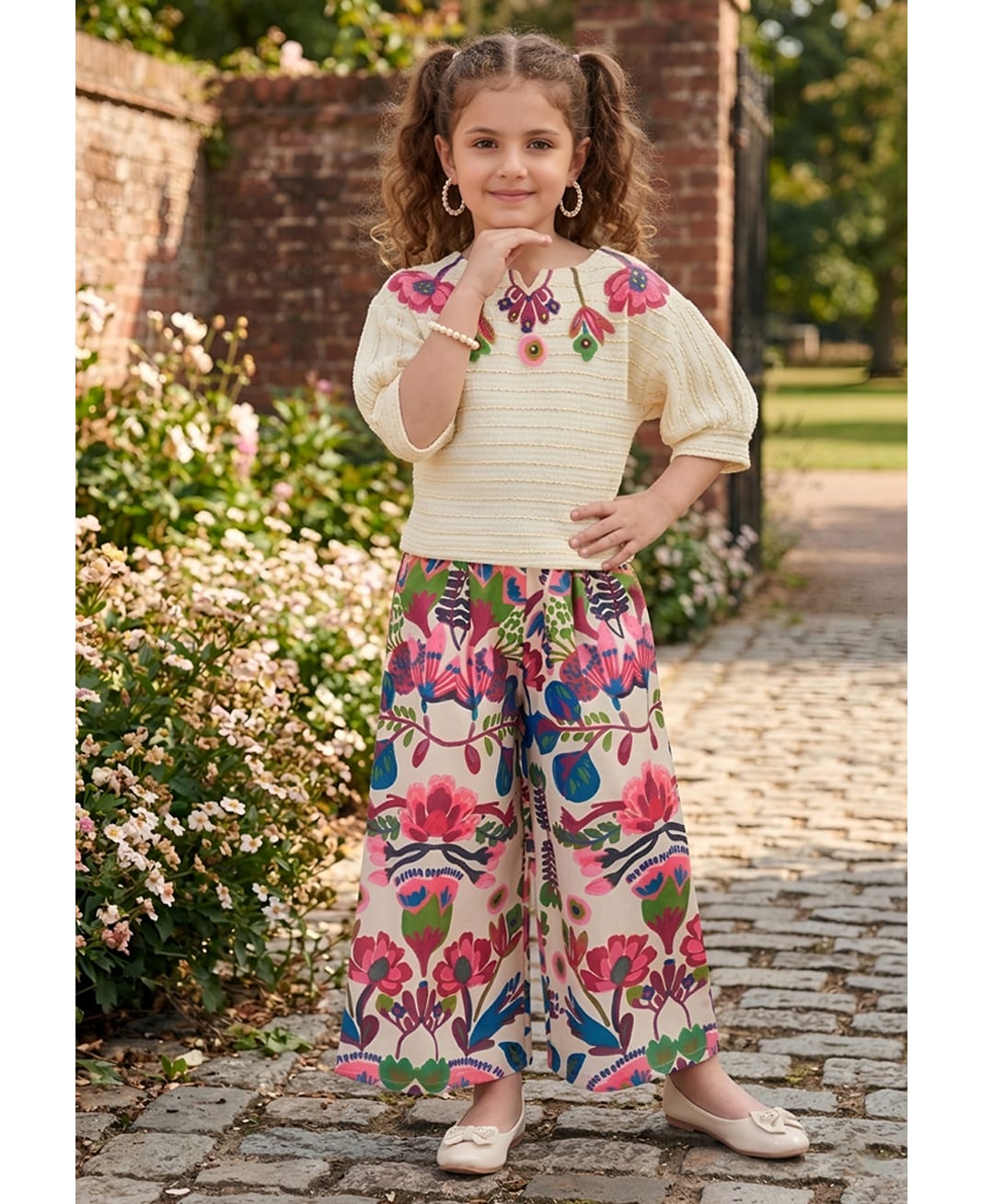 Lei-Chie Cotton Blend Woven Half Puffed Sleeves Floral Embroidered Top & Palazzo Set - Pink-image-46