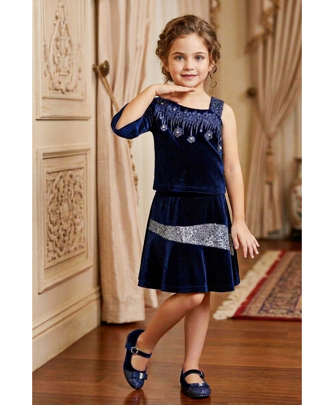 Lei-Chie Velvet Woven Sleeveless Floral Applique Detailed Beads Embellished Top & Skirt Set - Blue-picture-37