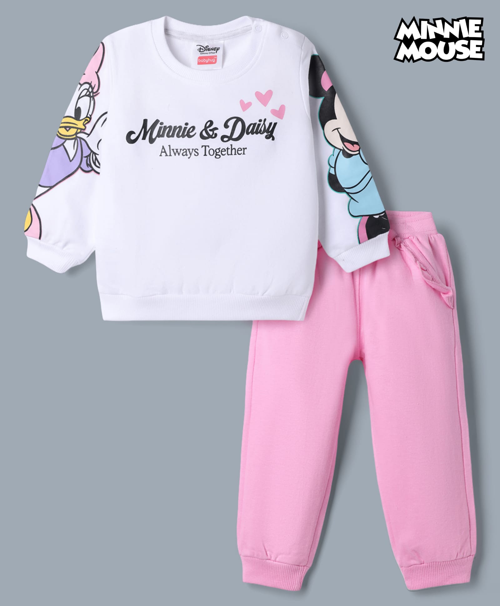 Babyhug Disney Single Jersey Knit Full Sleeves T-Shirt With Minnie Daisy Graphic & Text Print & Joggers Set - White & Pink-image-3