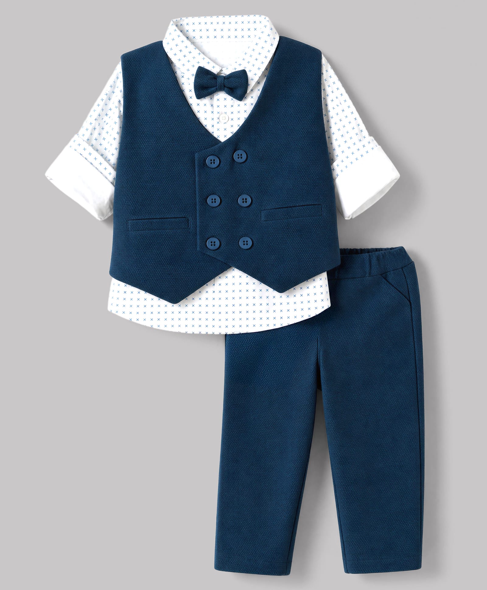 Babyhug Knit Full Sleeves Printed Three Piece Party Suit With Bow - Navy Blue-image-42