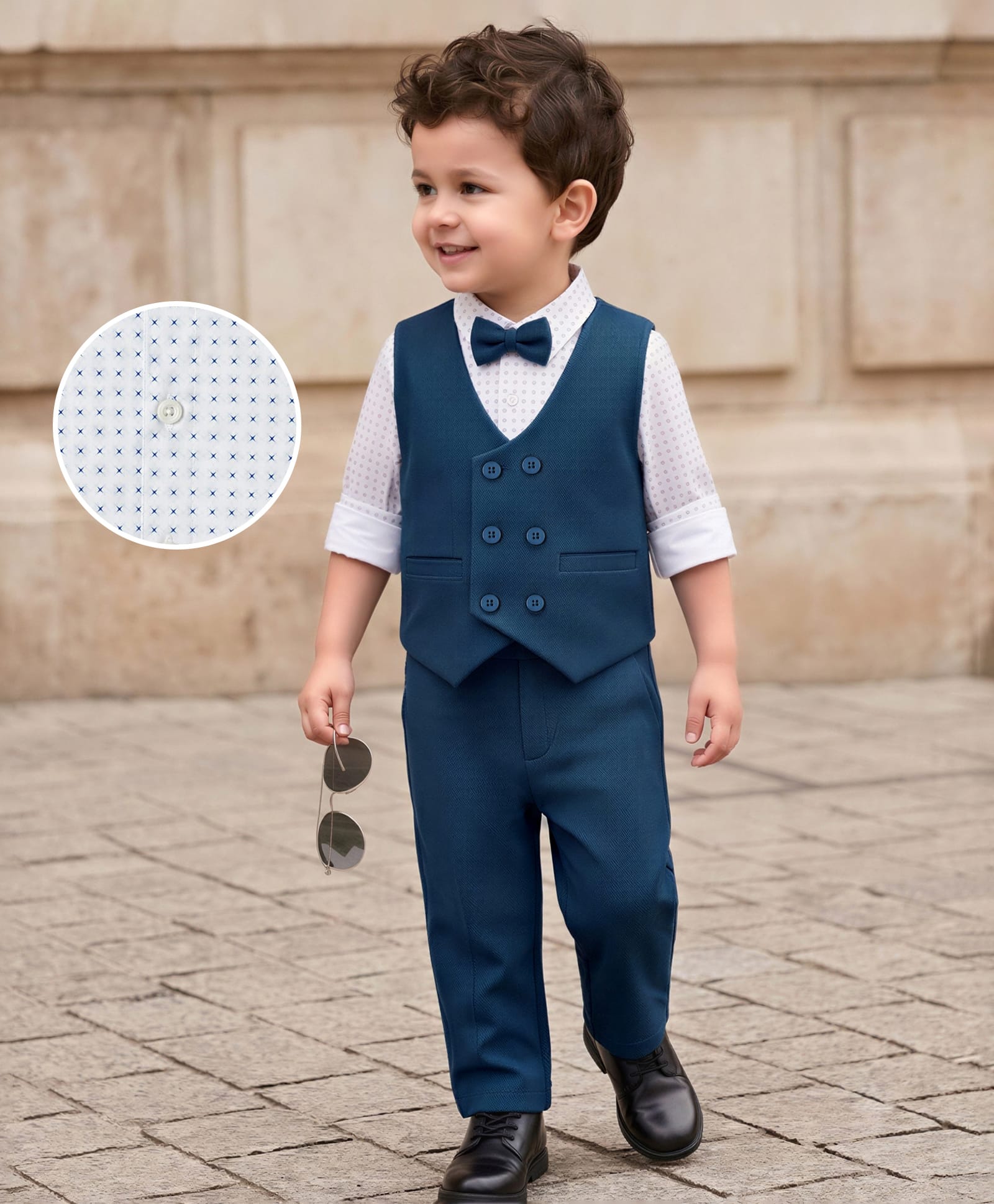 Babyhug Knit Full Sleeves Printed Three Piece Party Suit With Bow - Navy Blue
