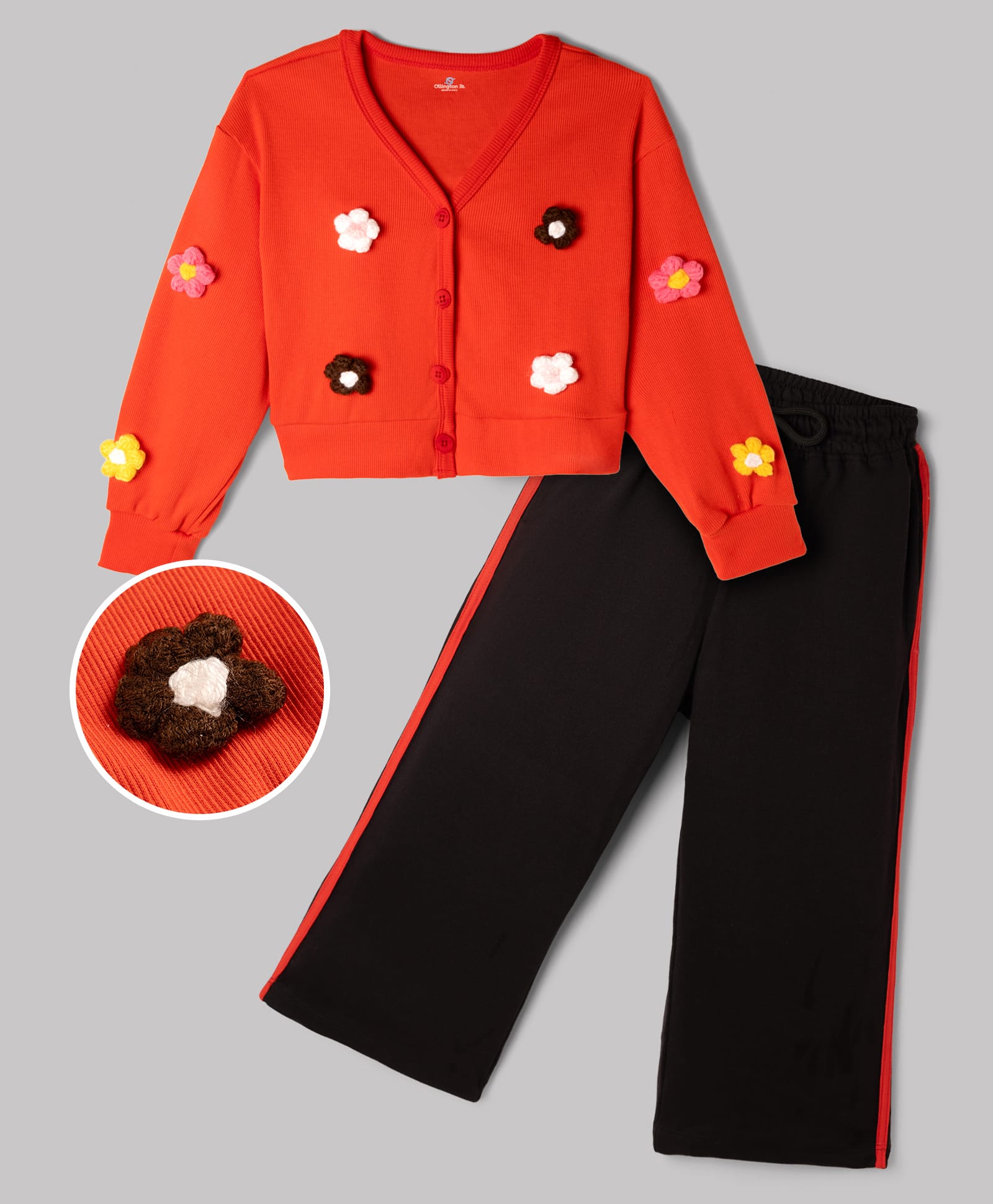 OLLINGTON ST. Looper Knit Cotton Full Sleeves Floral Applique Rib Jacket & Flared Jogger Set - Red & Black-image-39