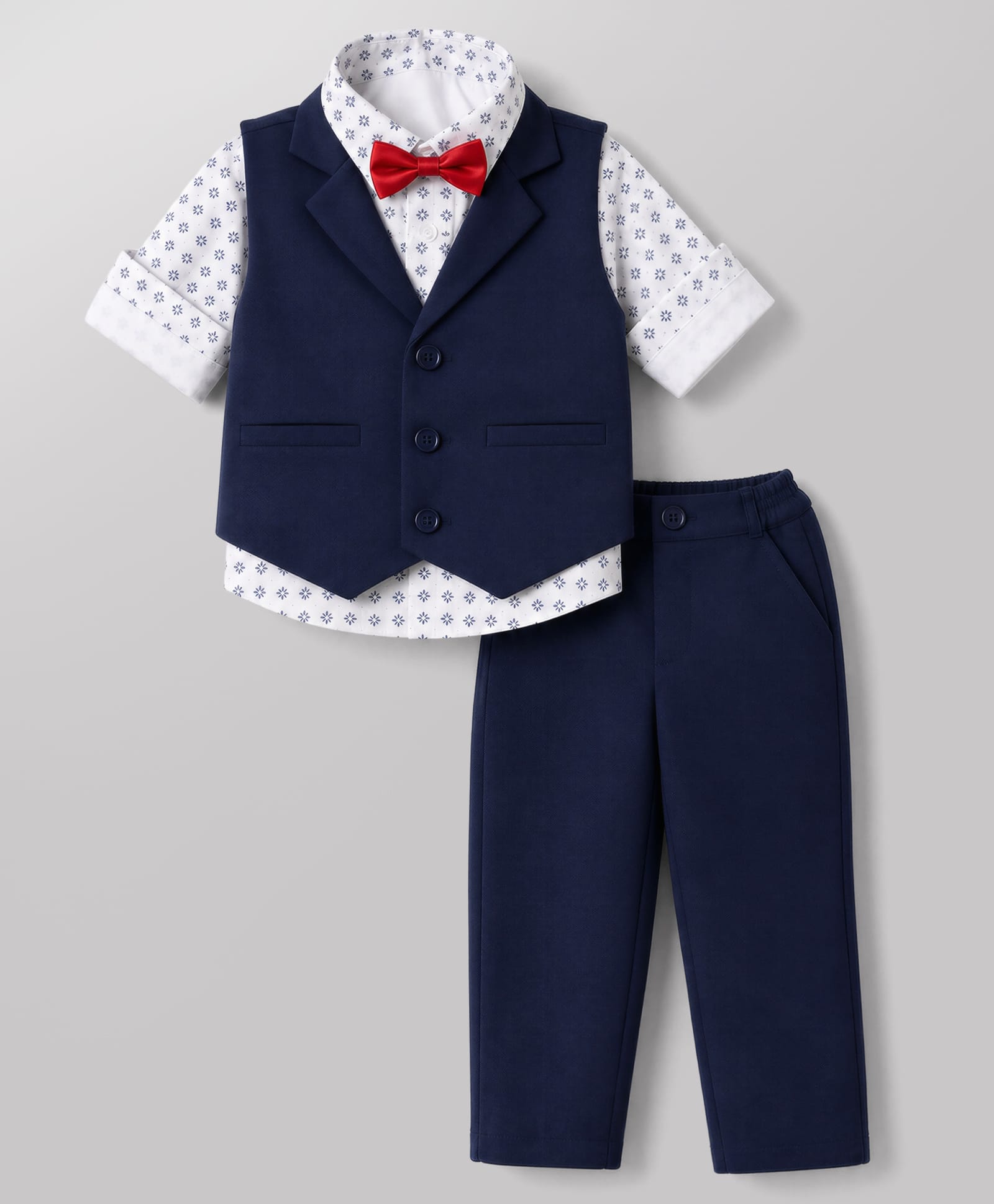Babyhug Knit Full Sleeves Floral Printed Three Piece Party Suit With Bow - Navy Blue-picture-20