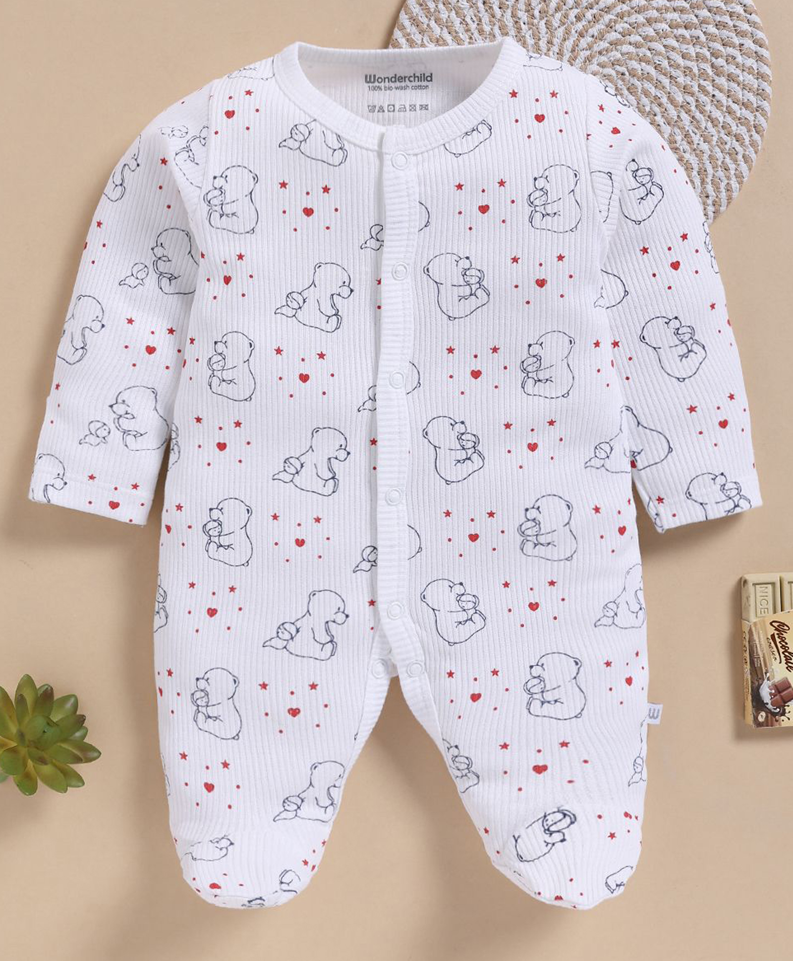 Wonderchild Interlock Woven Full Sleeves Sleep suit with Bear Print - White-image-11
