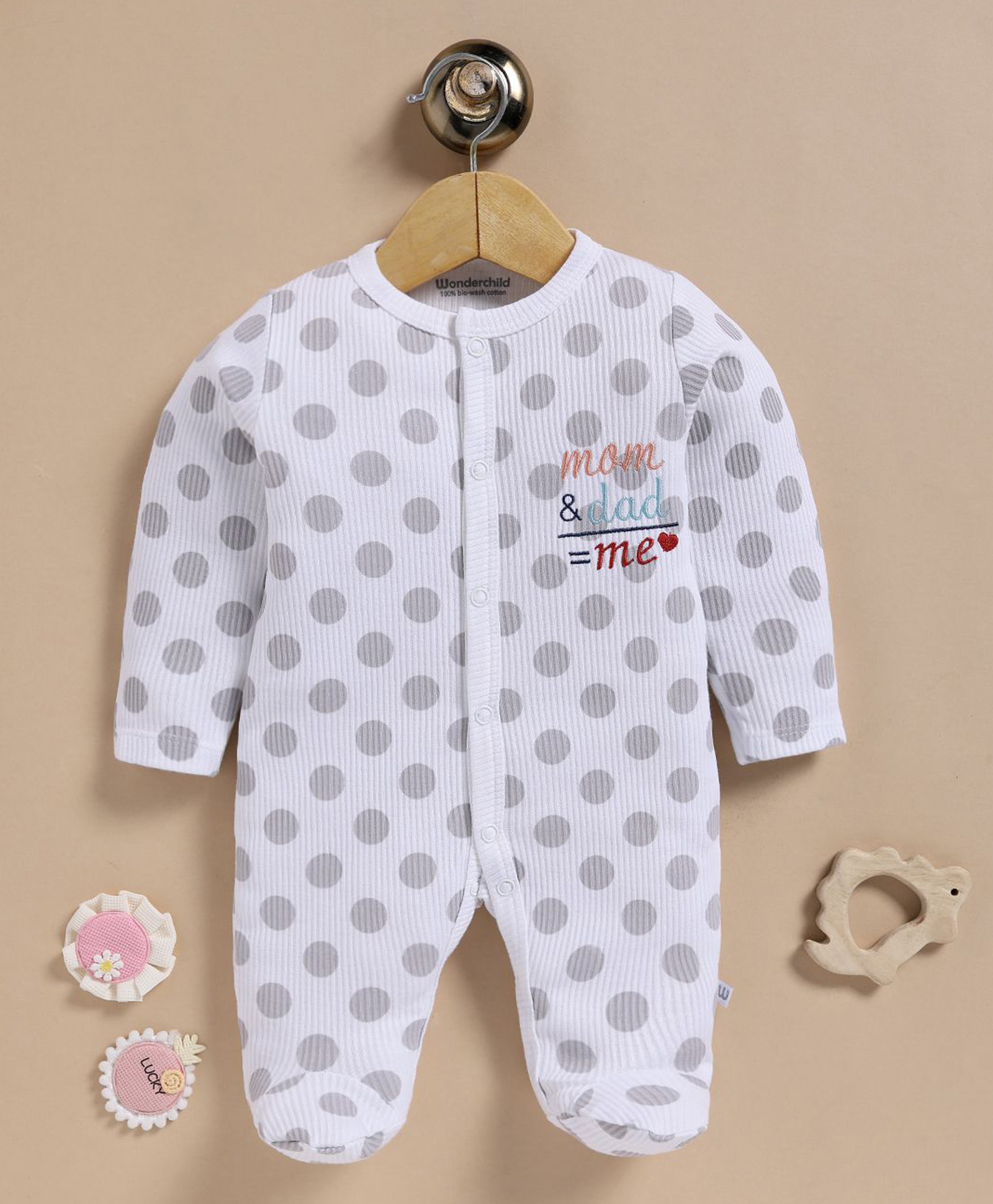 Wonderchild Interlock Woven Full Sleeves Sleep suit with Polka Dot Print - White-image-25