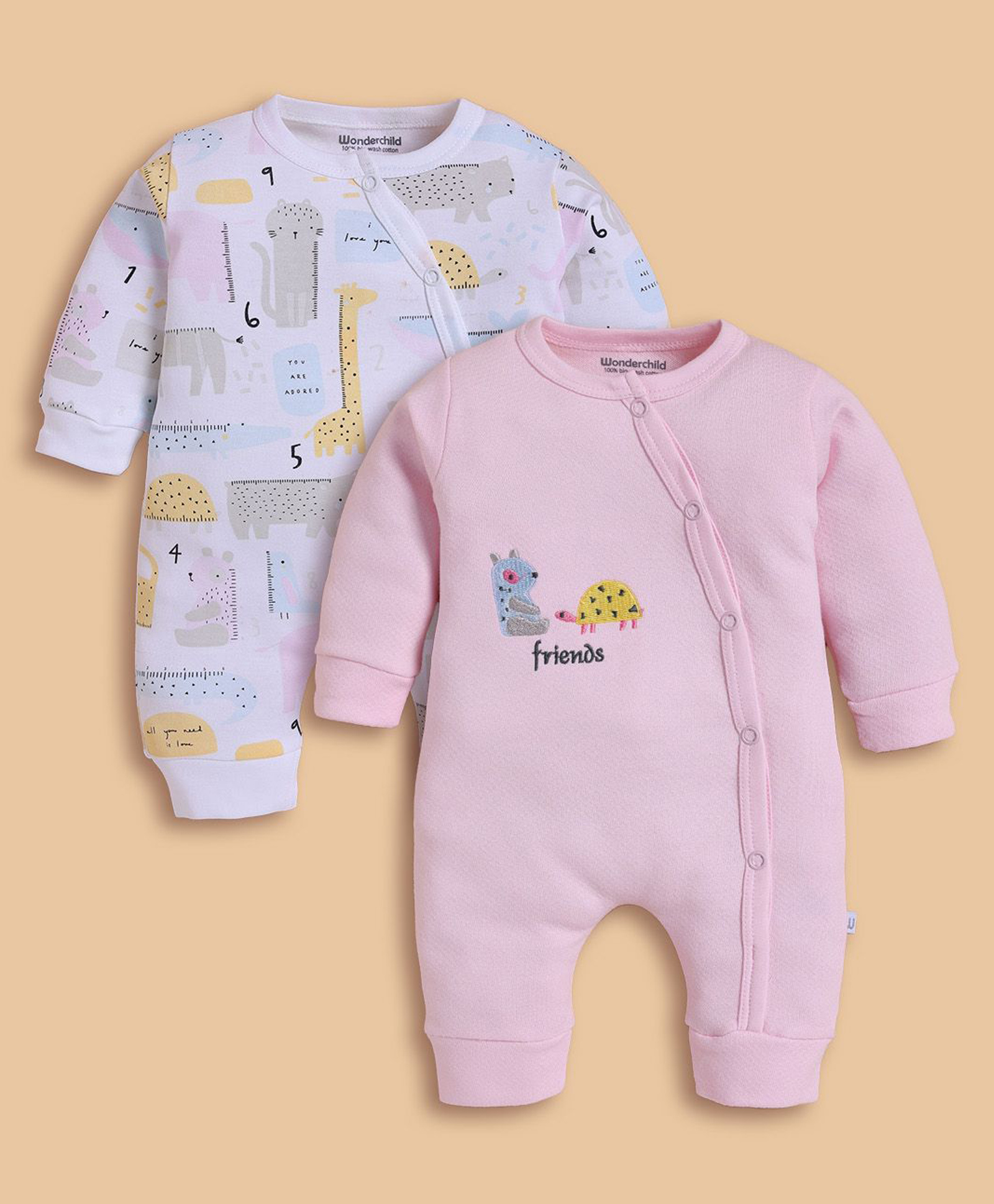 Wonderchild Interlock Woven Full Sleeves Animals Printed Rompers Pack Of 2 - White & Pink-picture-27