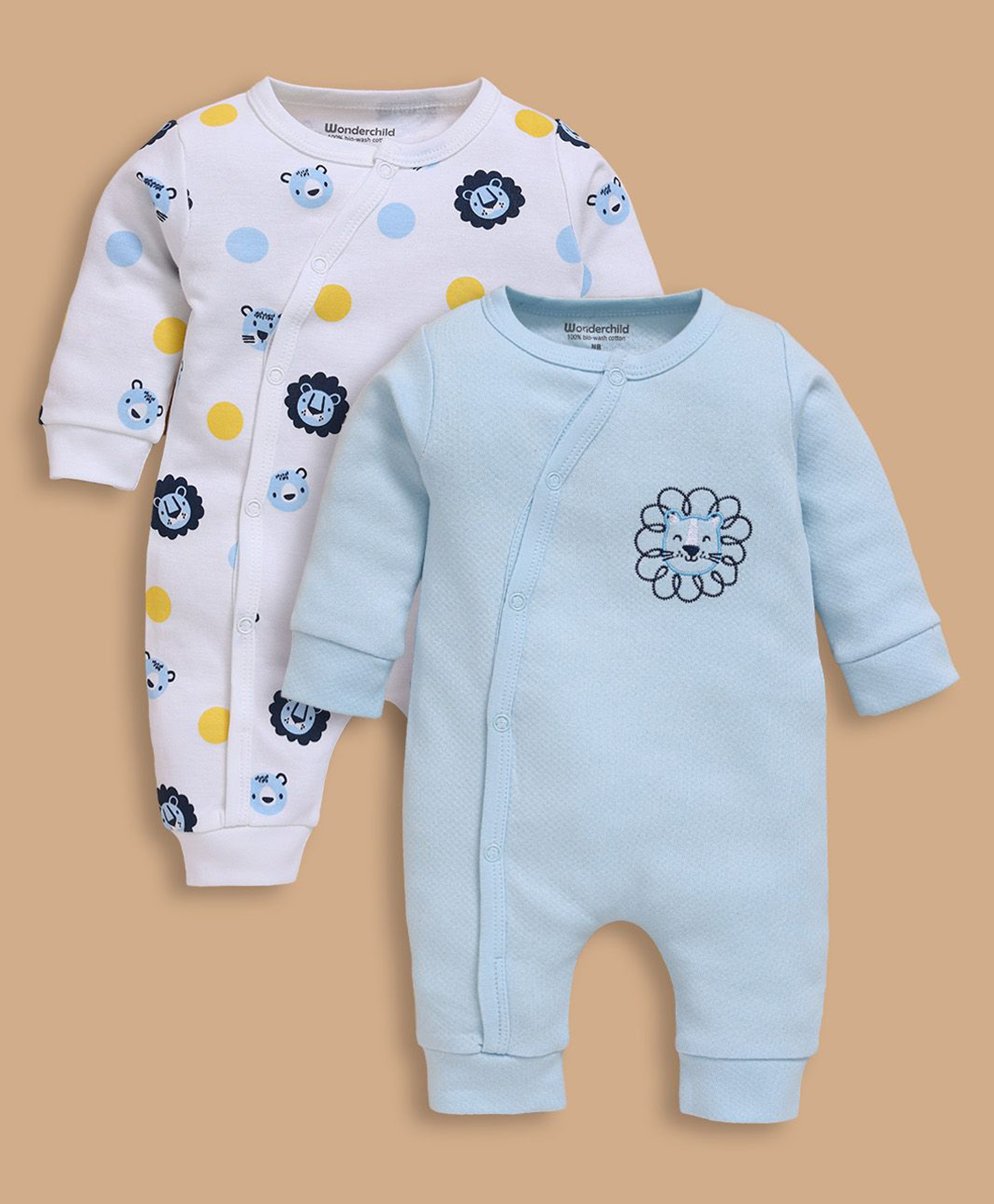 Wonderchild Interlock Woven Full Sleeves Animals Printed & Embroidered Rompers Pack Of 2 - White & Light Blue-image-13