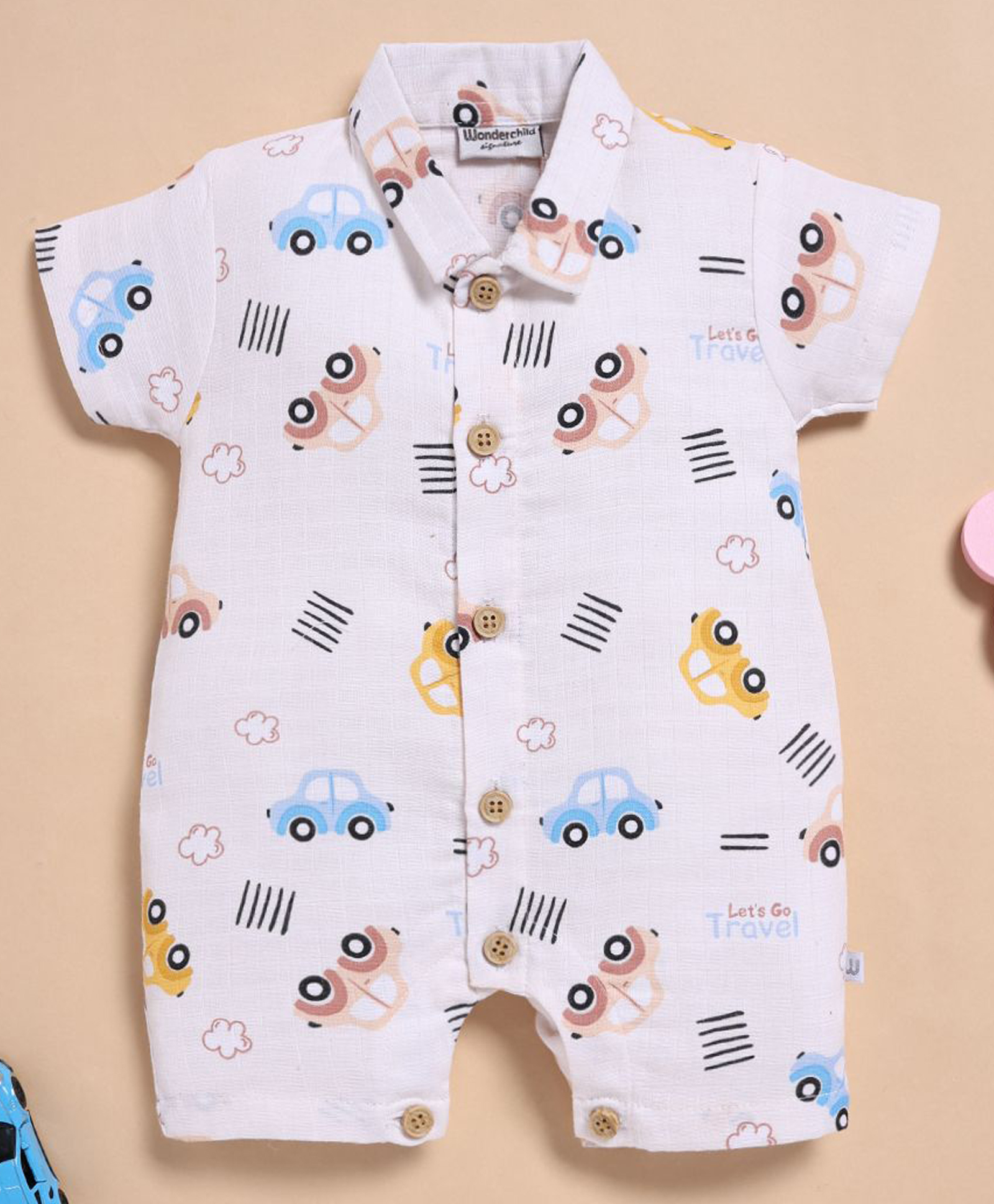 Wonderchild Interlock Muslin Woven Half Sleeves Cars Printed Romper- Cream-image-10