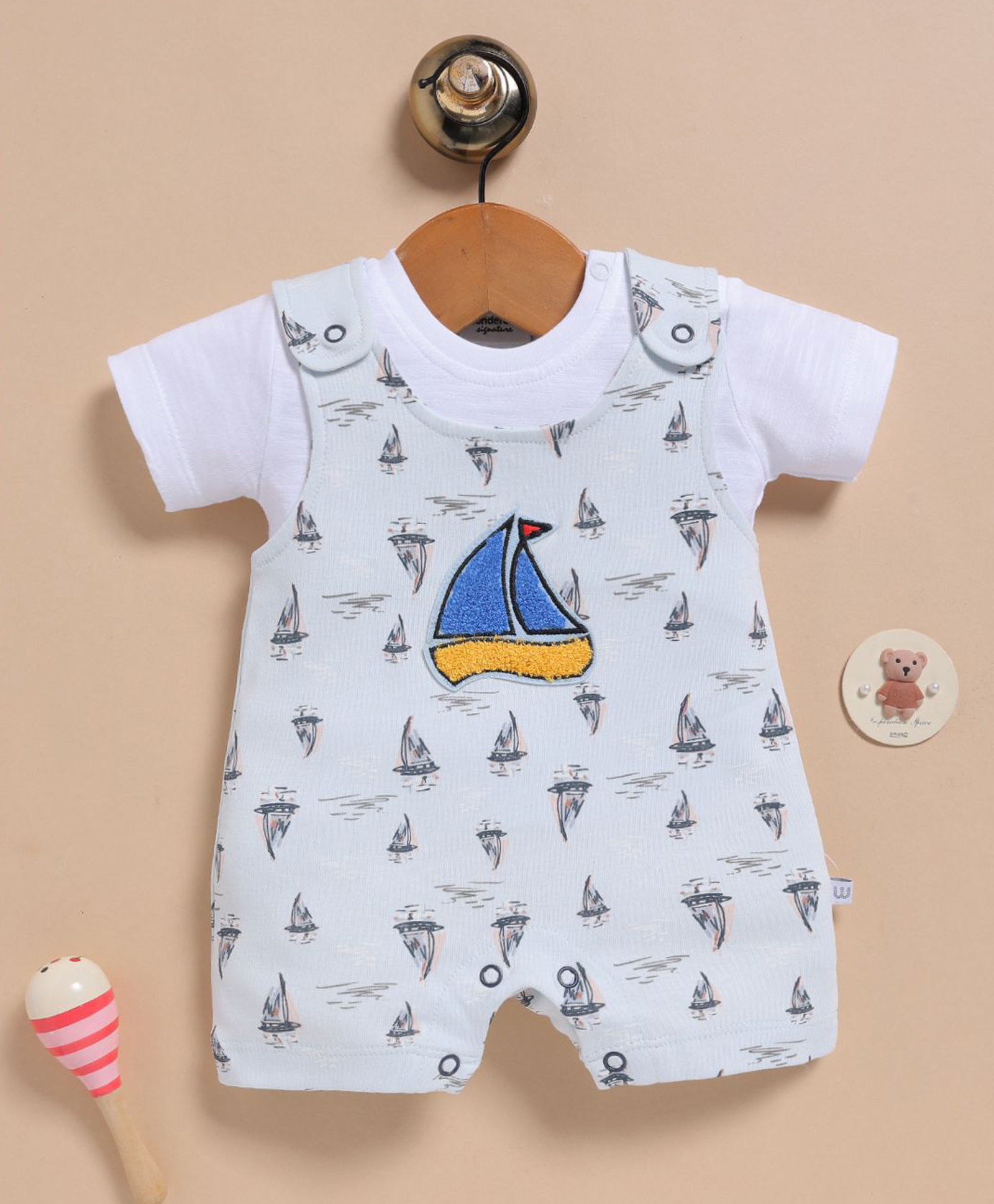 Wonderchild Interlock Woven Half Sleeves Nautical Theme Printed Dungaree With Inner Tee & Patch - White & Light Blue-image-18