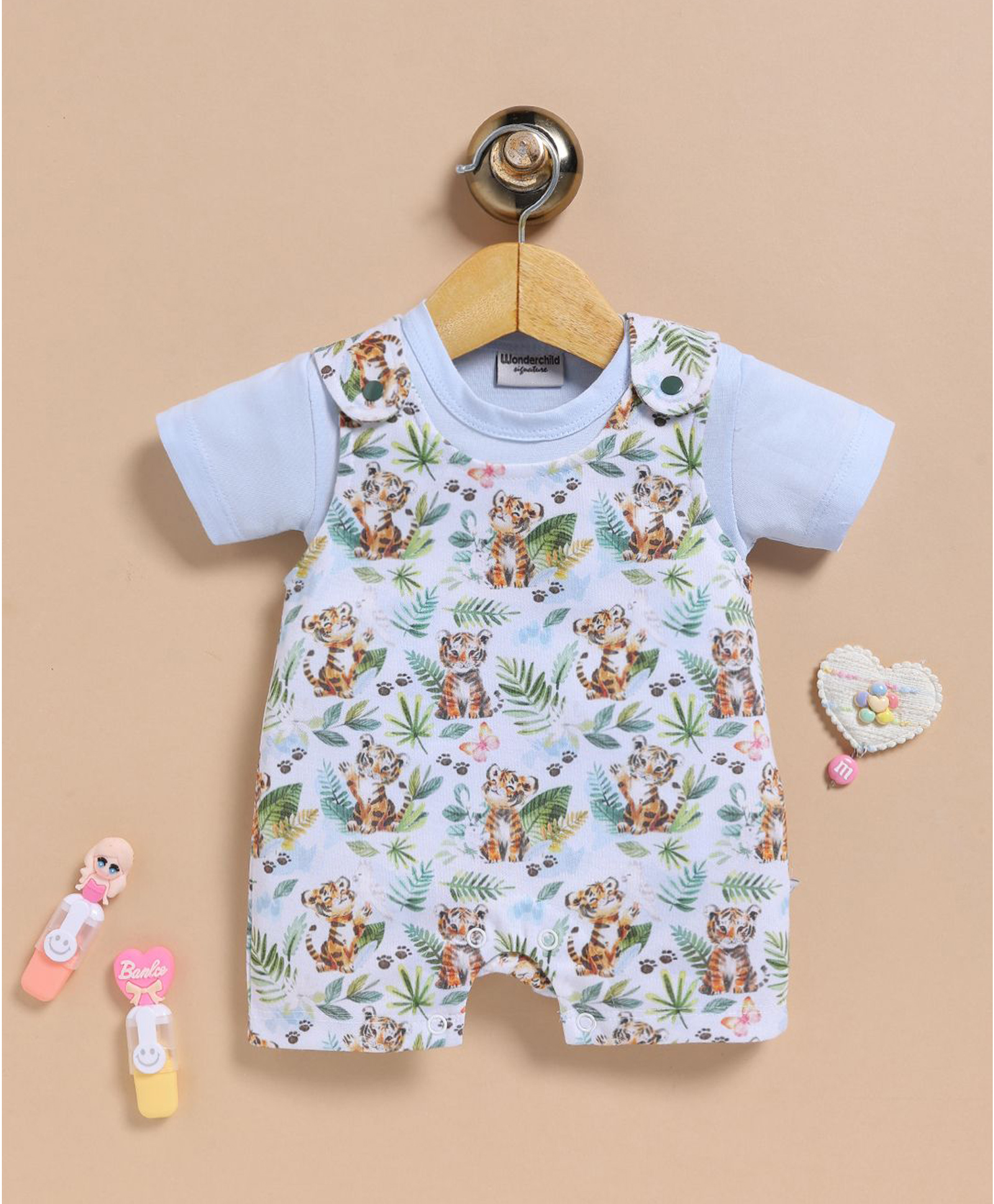 Wonderchild Interlock Woven Half Sleeves Tiger Printed Dungaree With Inner Tee - Light Blue-image-20