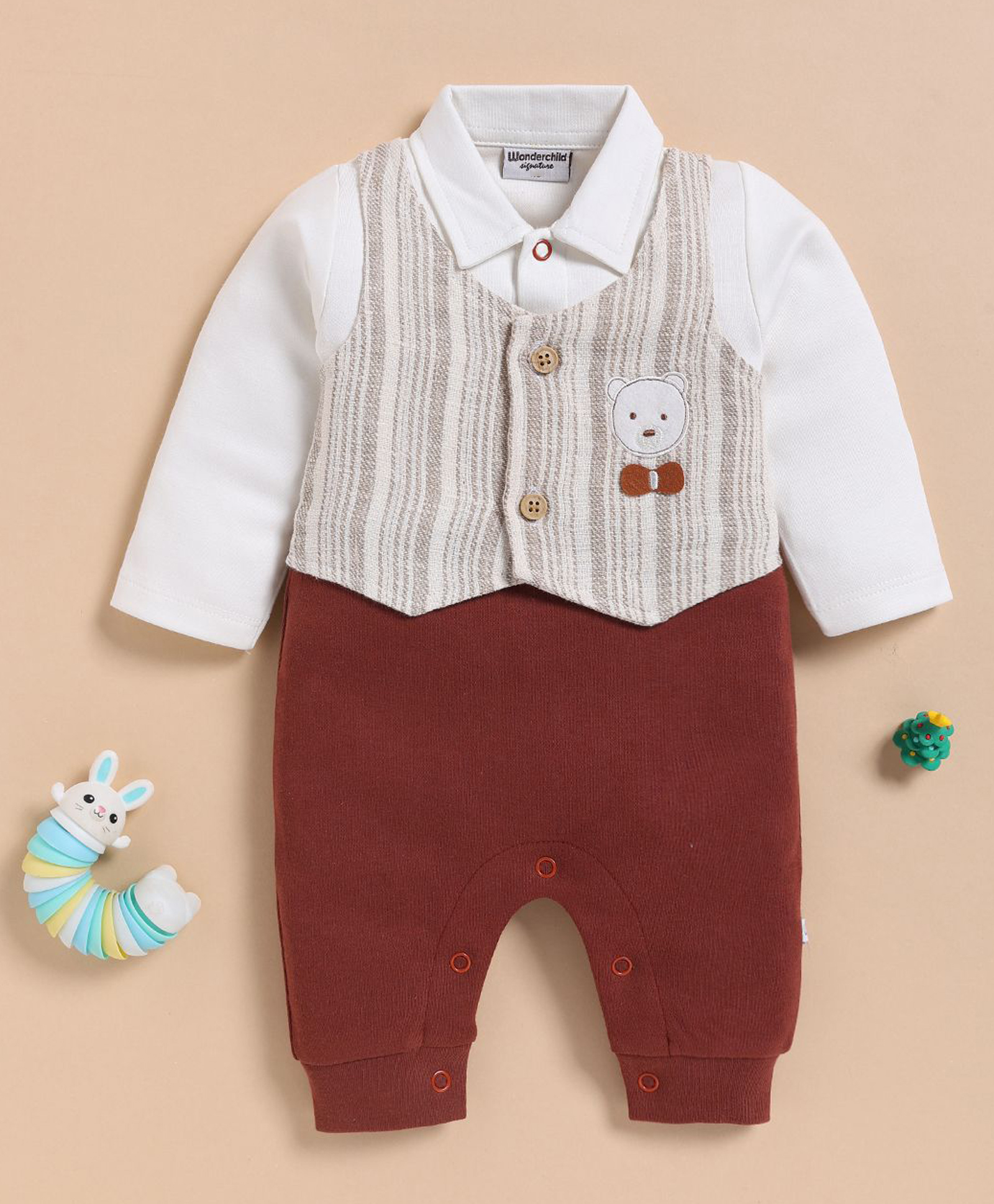 Wonderchild Interlock Woven Full Sleeve Party Romper with Attached Striped Jacket & Bear Patch - White-image-29