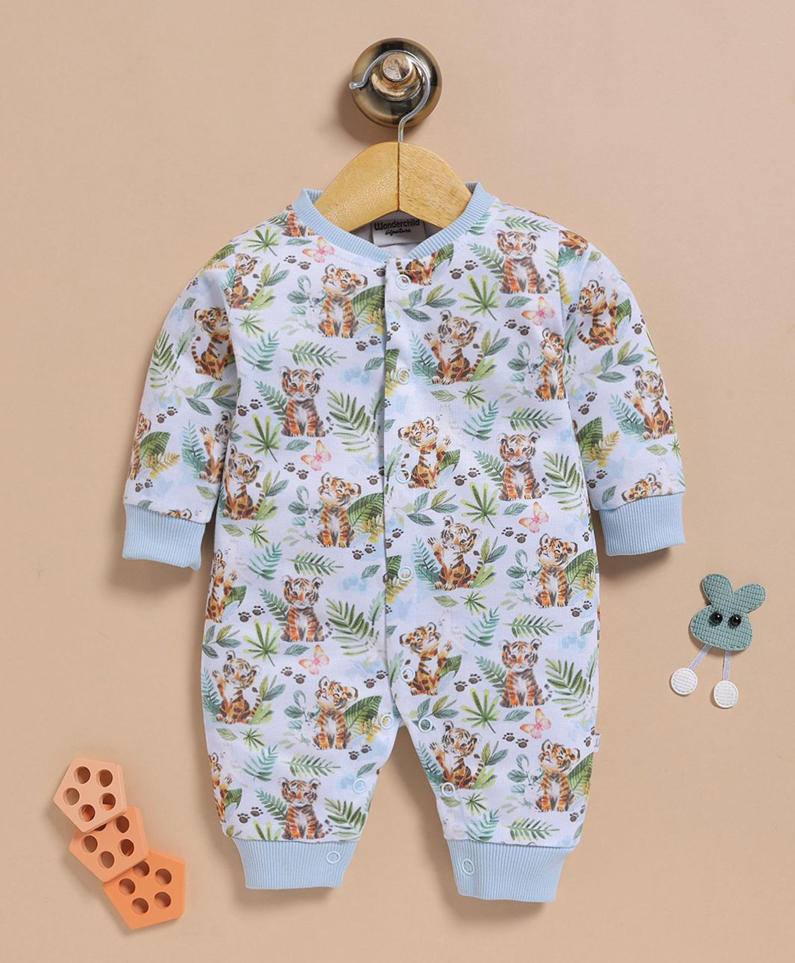 Wonderchild Interlock Knit Full Sleeves Tiger Printed Romper - Light Blue-image-26