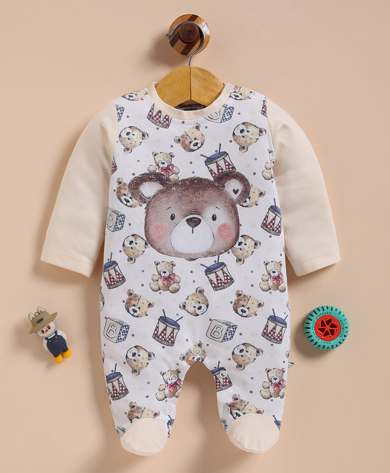 Wonderchild Interlock Woven Full Sleeves Sleep suit with Bear & Drums Print - White-image-33