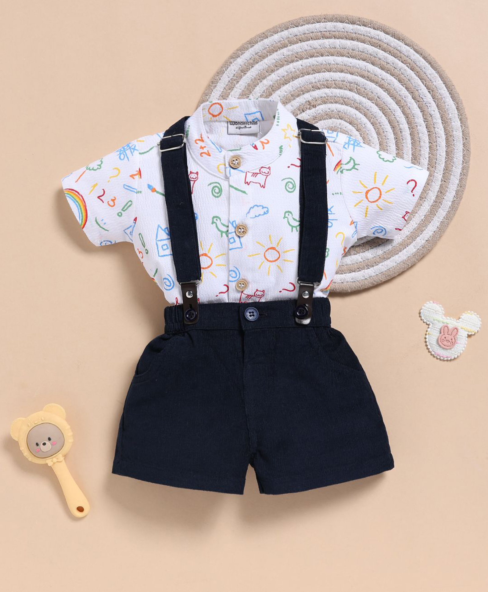 Wonderchild Interlock Woven Half Sleeve Birds & Kitten Printed Shirt & Shorts Set with Suspender - White & Navy-picture-14