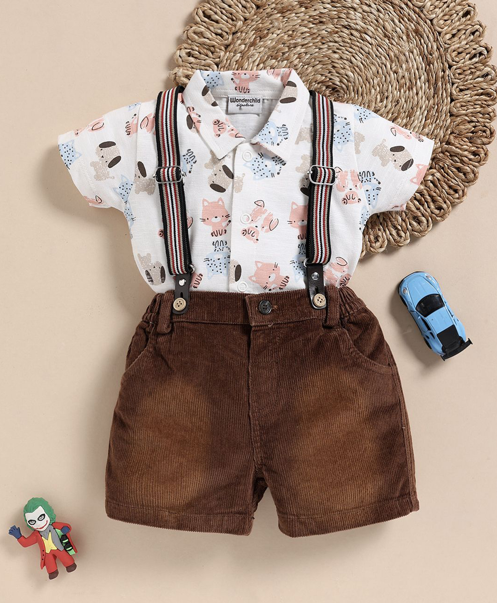 Wonderchild Interlock Woven Half Sleeve Kitten Printed Shirt & Shorts Set with Suspender - White & Rust-image-32