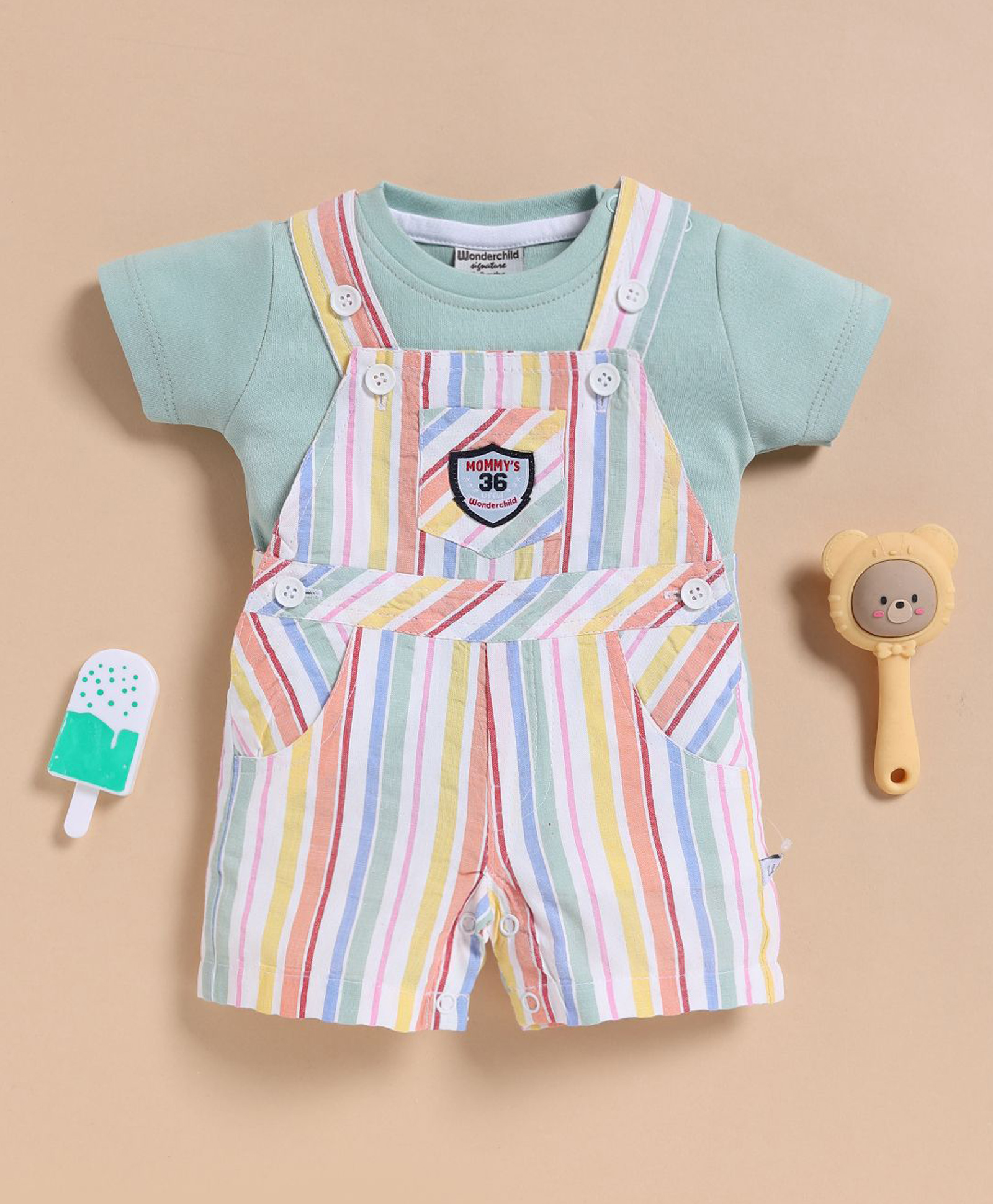 Wonderchild Interlock Woven Half Sleeves Tee With Dungaree Set With Stripes & Patch - Sea Green-image-27