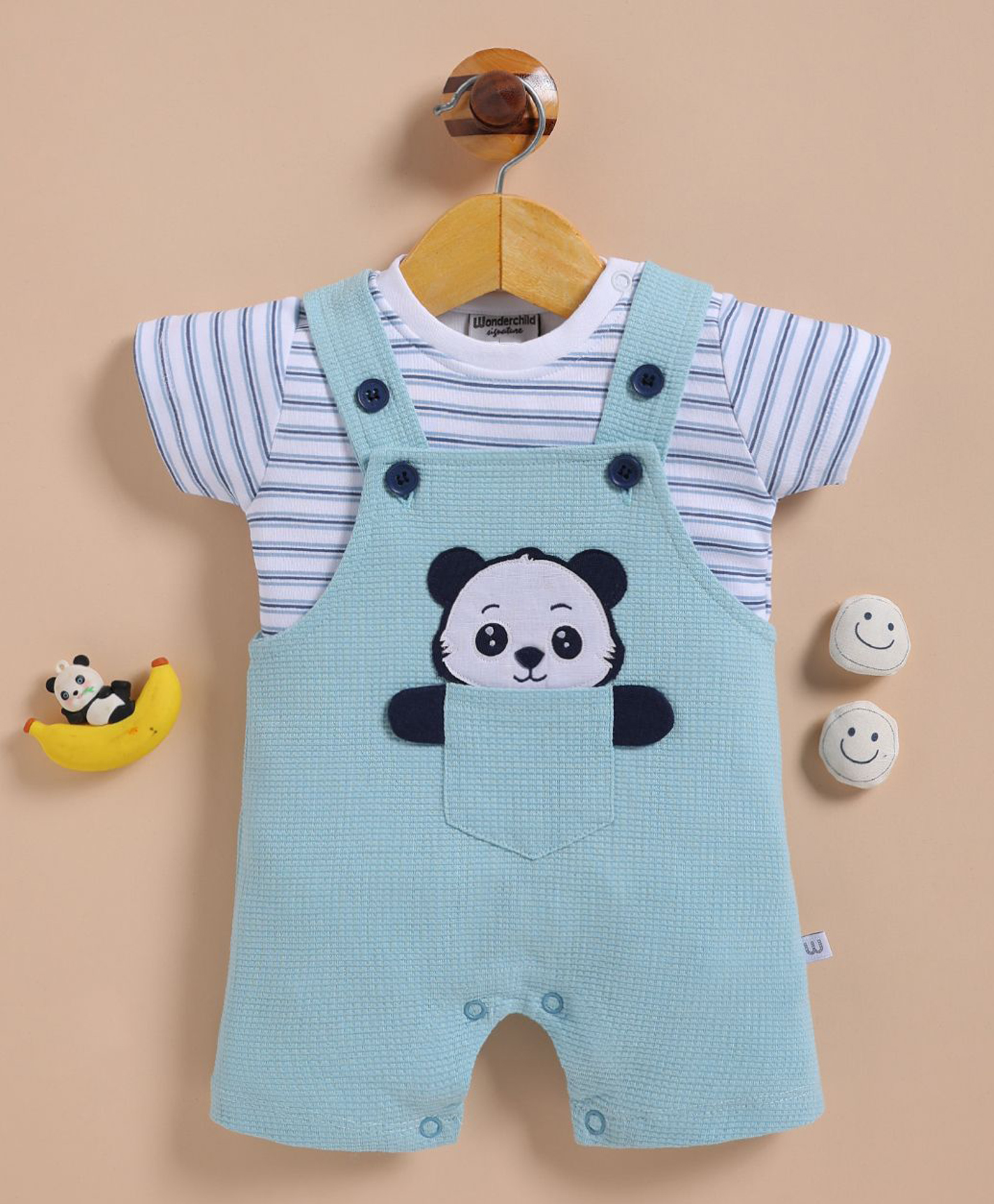 Wonderchild Interlock Woven Half Sleeves Striped Tee & Dungaree Set With Panda Patch - White & Light Blue-image-49