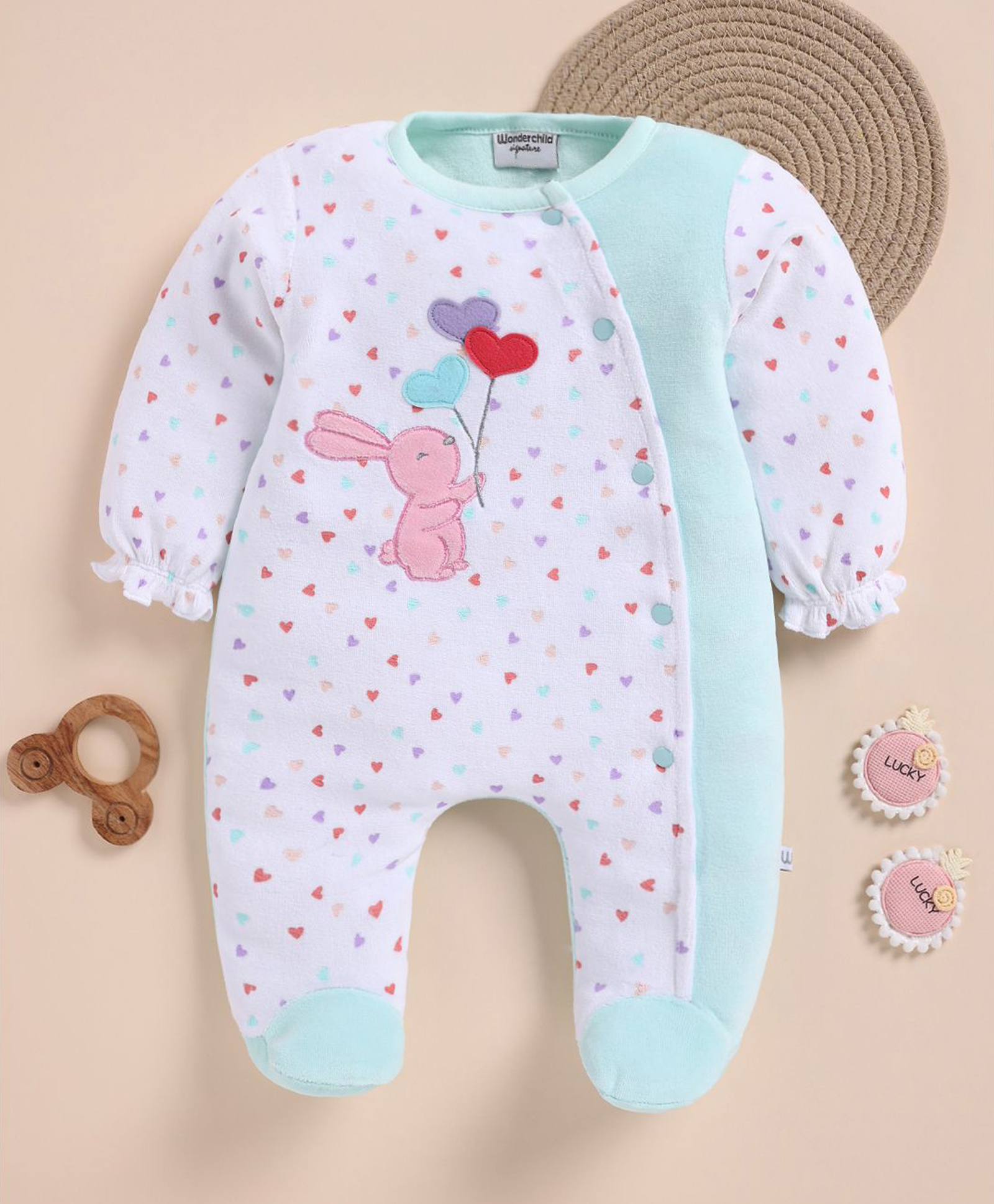 Wonderchild Interlock Woven Full Sleeves Sleep suit with Heart Print - White-image-39