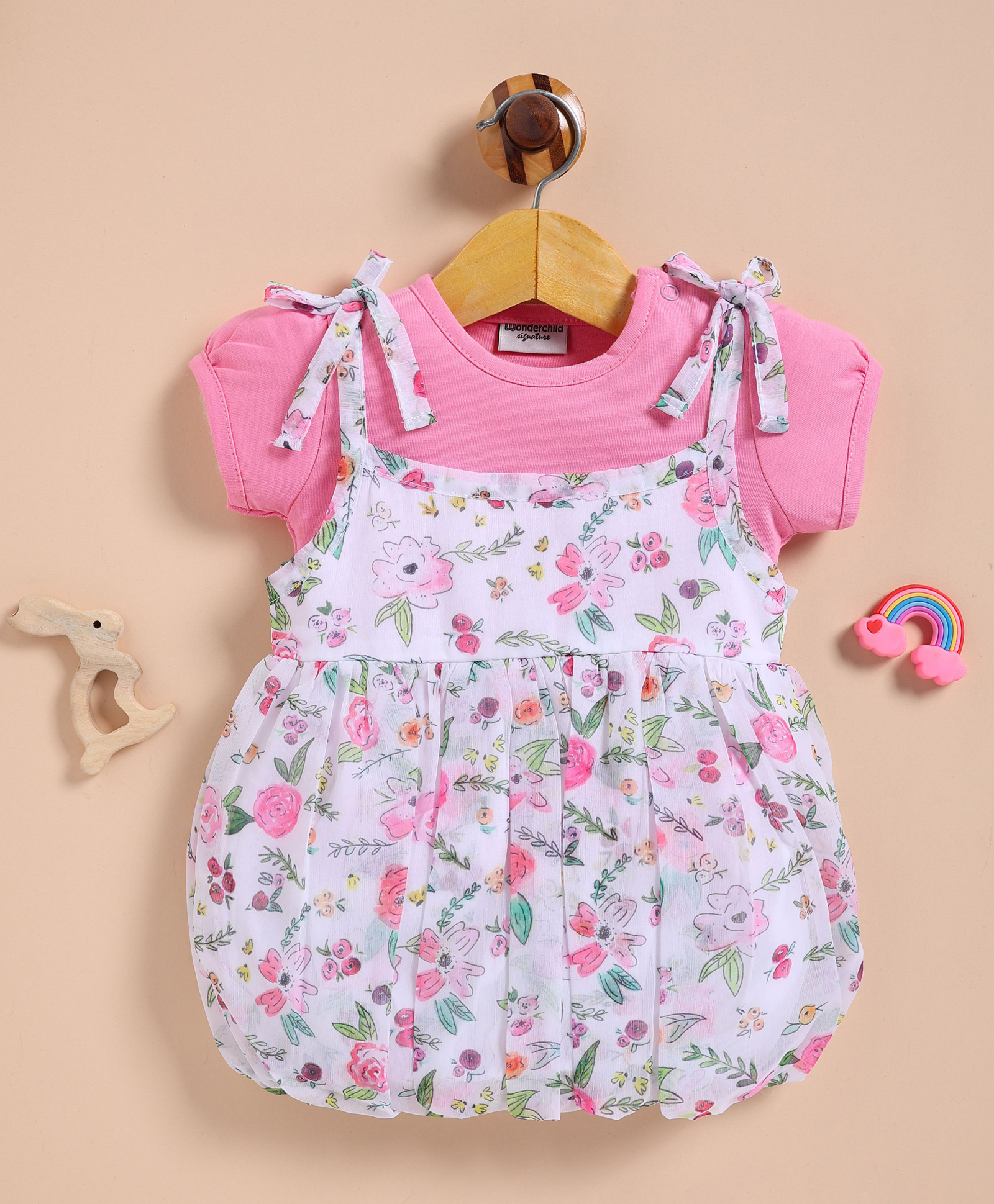 Wonderchild Cotton Interlock Knit Frocks With Inner Tee with Half Sleeves and Floral Print in Pink for 6-12 Months-image-33