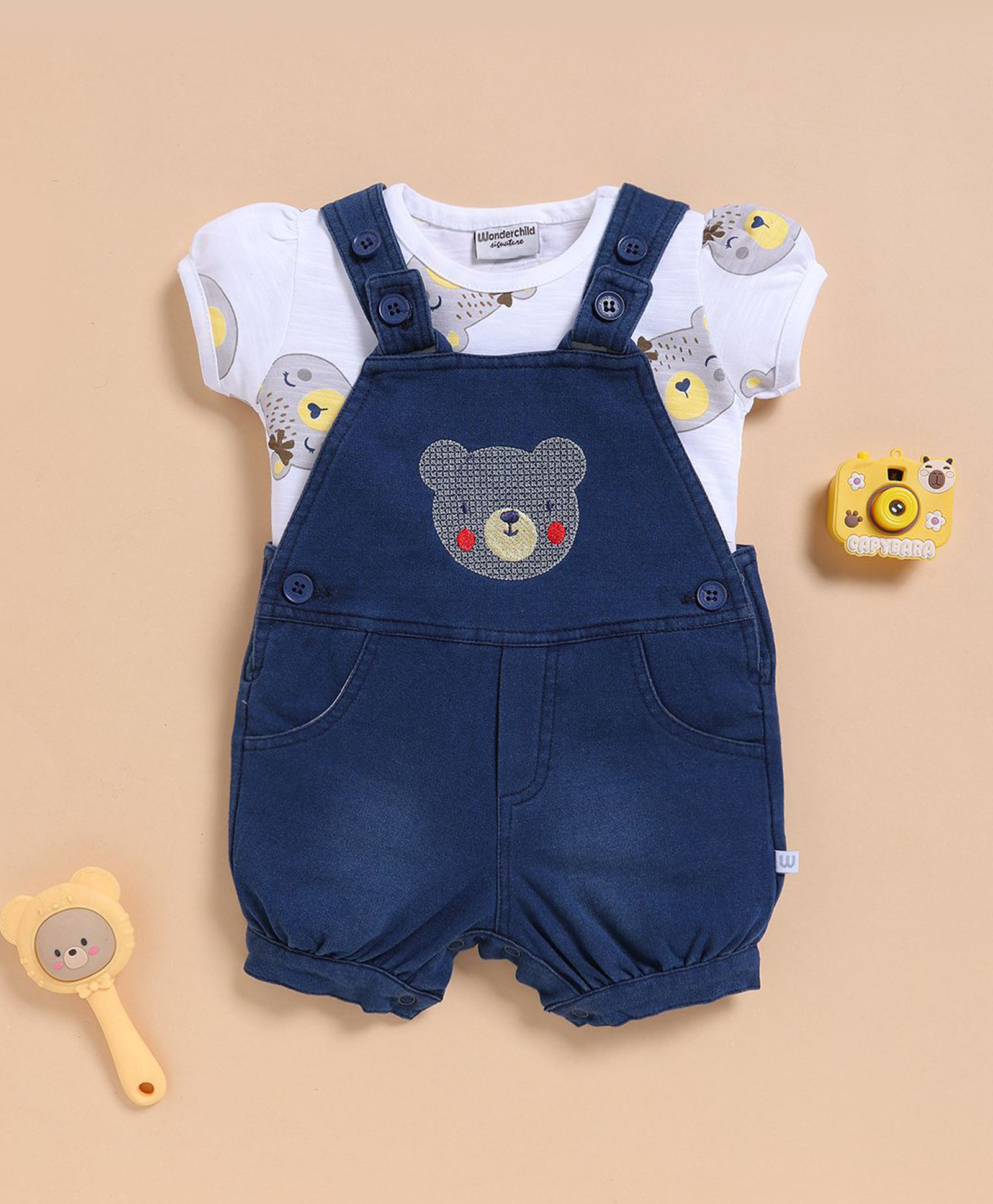Wonderchild Interlock Woven Half Sleeves Bear Embroidered Dungaree With Inner Tee - White & Navy Blue-image-23