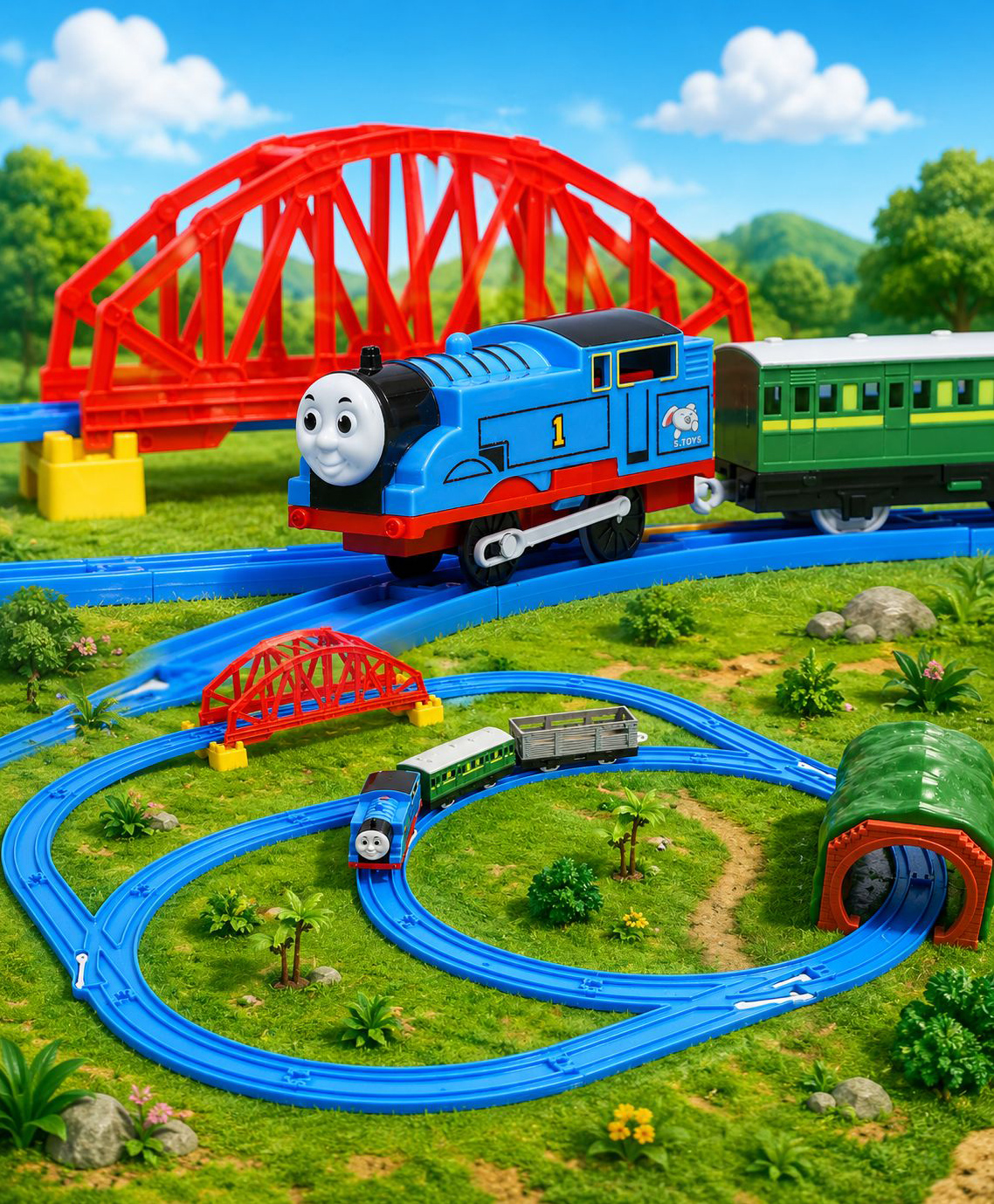 BitFeex Musical Vintage Thomas Train World Toy Train Track Set Battery Operated Train Track Set with Switch Track, Engine, Wagon & Track Pieces for Kids Educational Toy - Blue-image-30