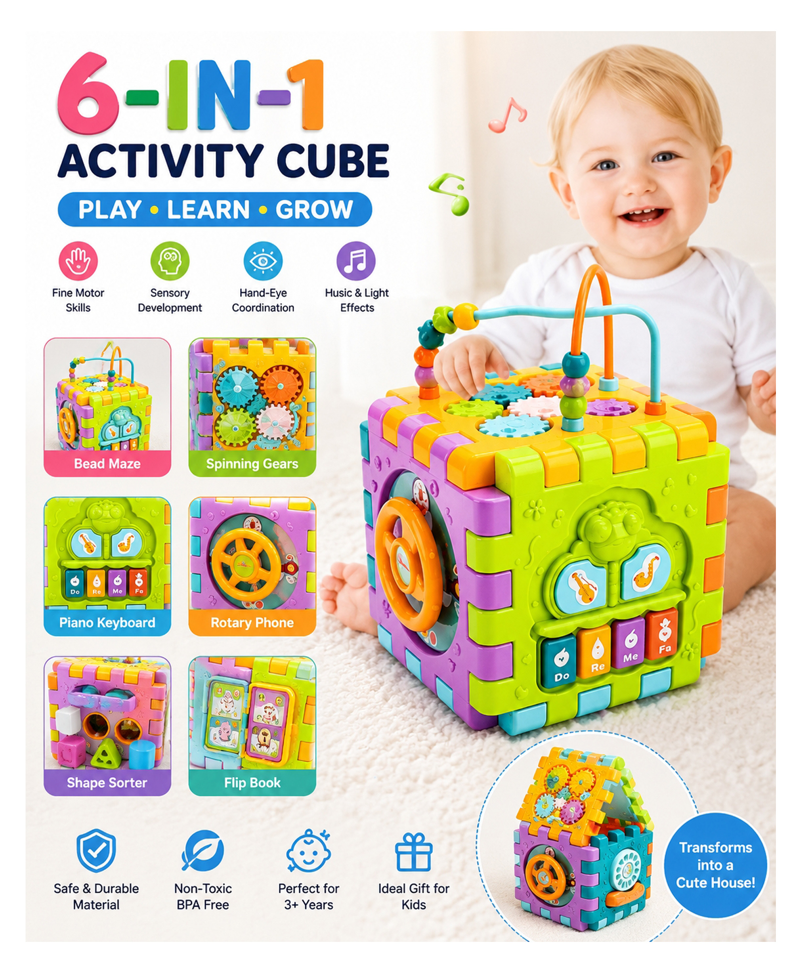 BitFeex 6 Side Activity Cube for Kids with Musical Piano, Shape Sorter, Bead Maze, Rotating Steering Wheel & Learning Toys for Toddlers-picture-16