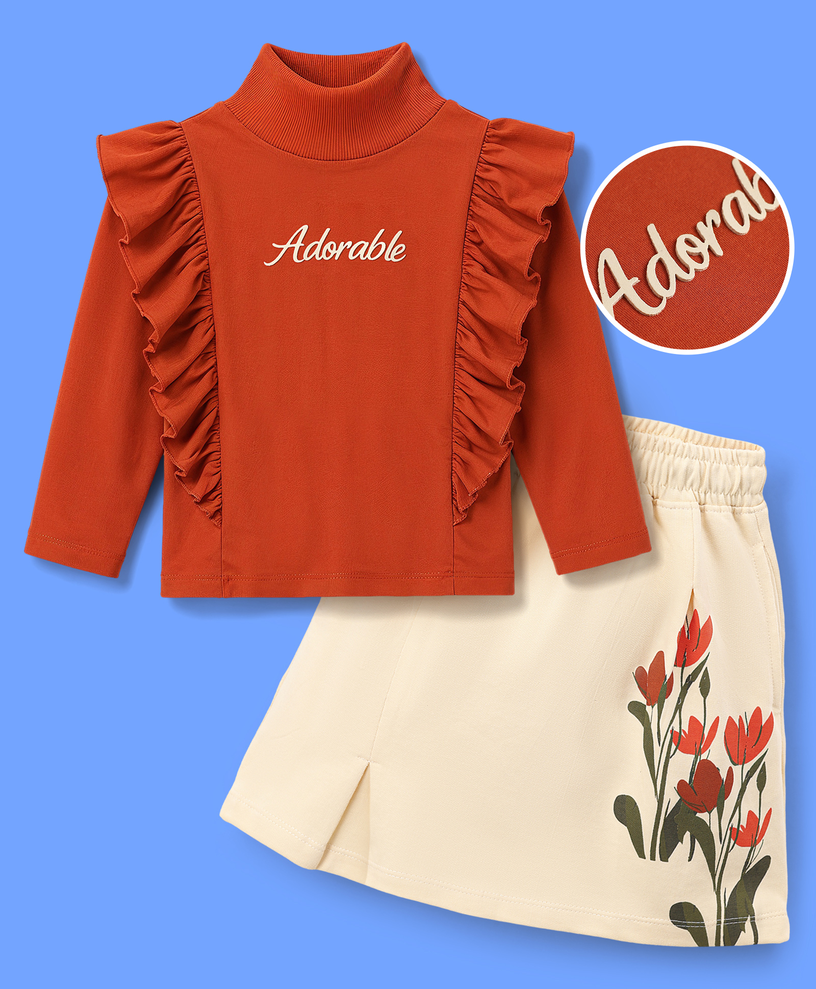 OLLINGTON ST. Sinker Knit Cotton Full Sleeves Top & Skirt Set With Text & Floral Print - Rust & Beige-image-3