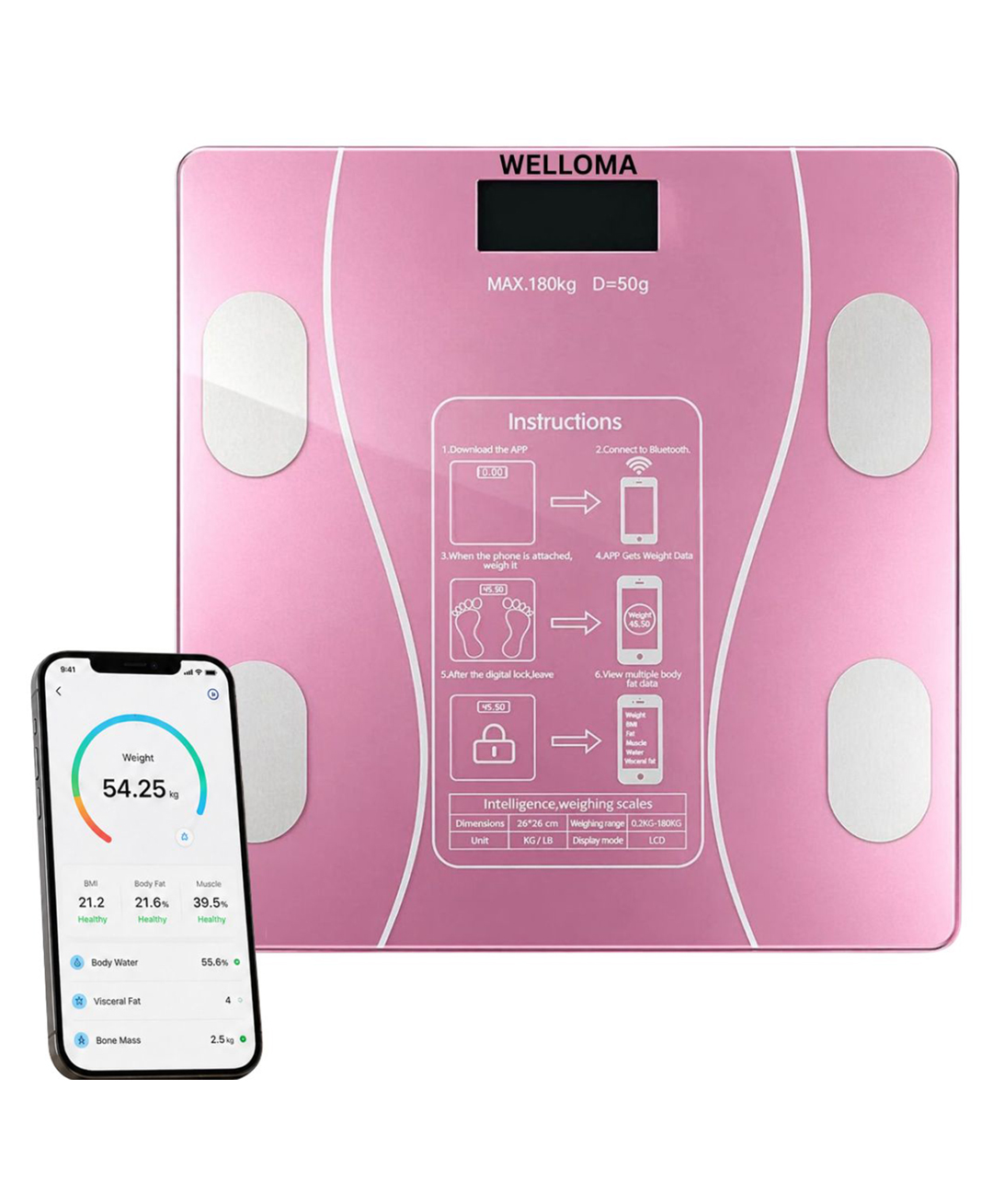WELLOMA Smart Body Composition Weighing Scale (Pink) | Bluetooth Digital BMI Weight Machine | Body Fat, Muscle Mass, Water & BMR Analyzer | Fitness Scale with App | 180kg Capacity-picture-23