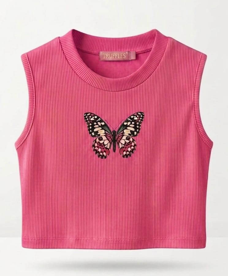 TRUFFLES Cotton Knit Sleeveless Butterfly Printed Crop Top - Pink-picture-23