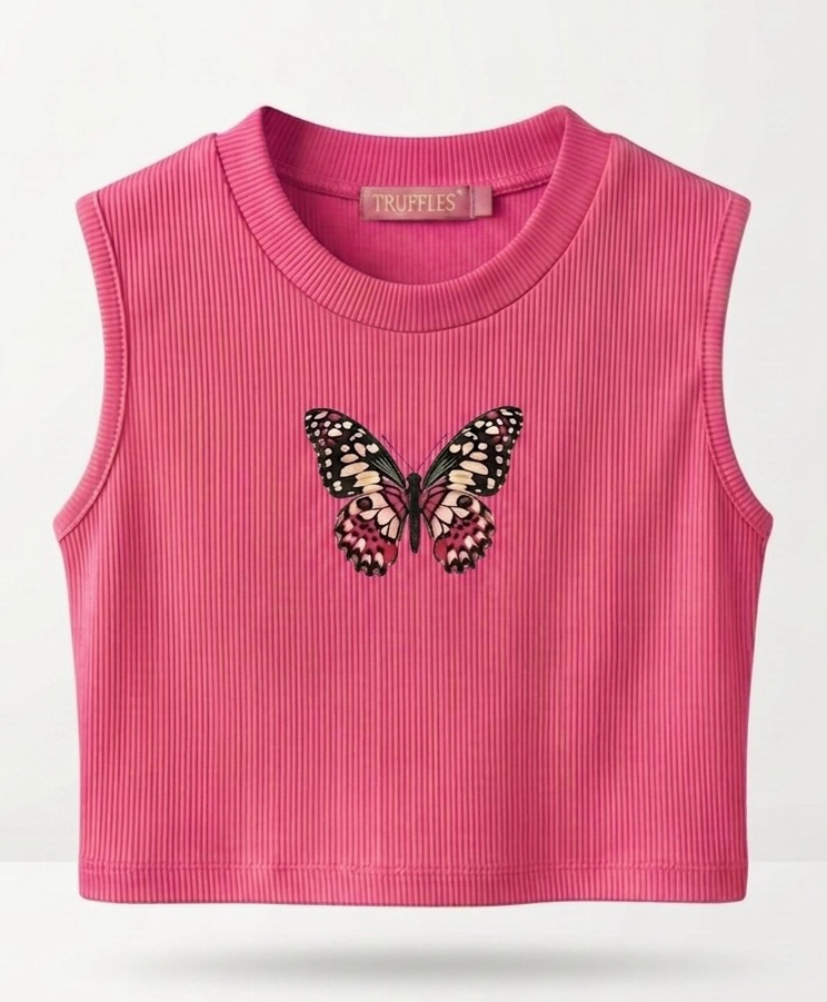 TRUFFLES Cotton Knit Sleeveless Butterfly Printed Crop Top - Pink-image-45