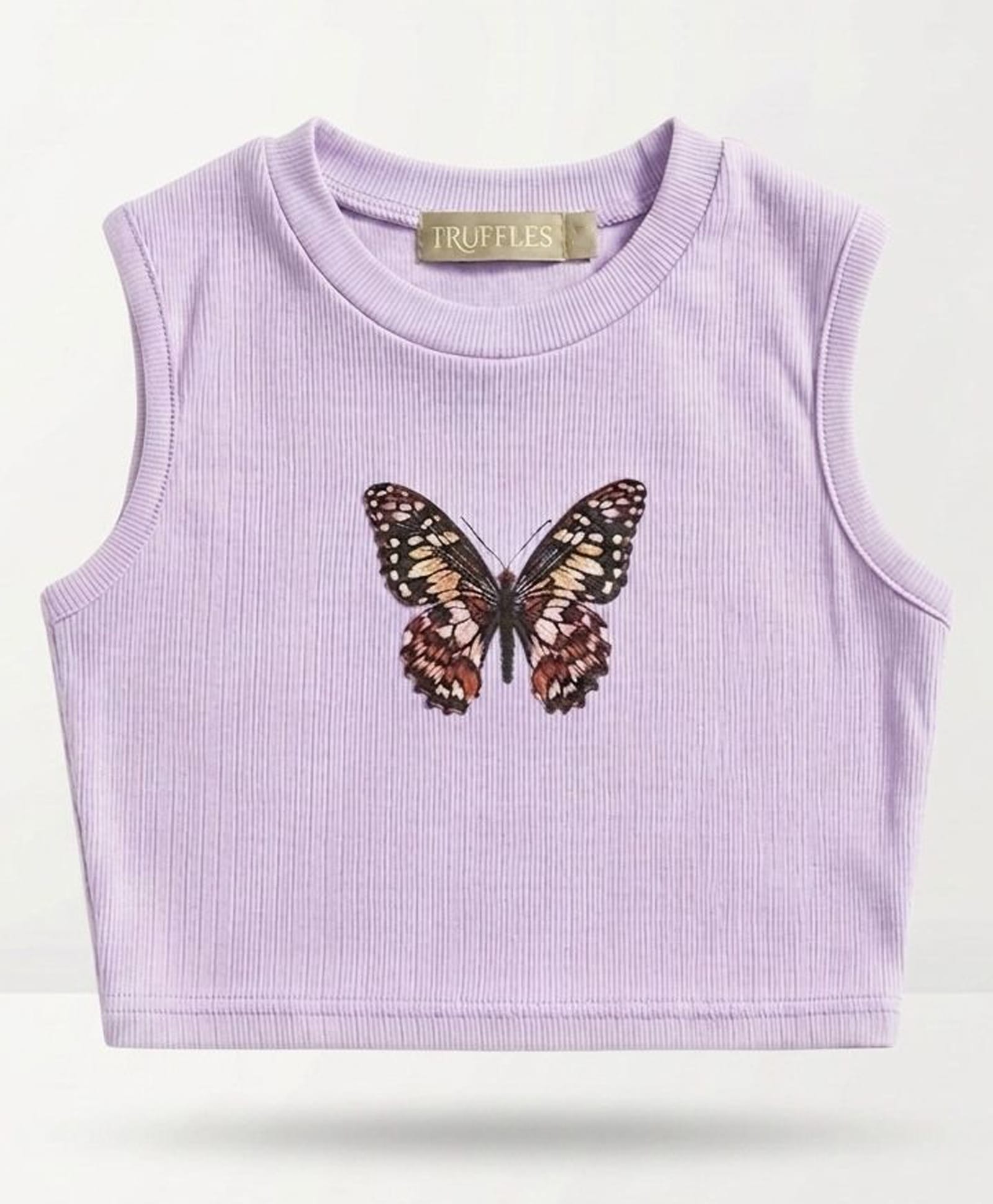 TRUFFLES Cotton Knit Sleeveless Butterfly Printed Crop Top - Purple-image-3