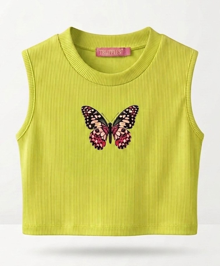 TRUFFLES Cotton Knit Sleeveless Butterfly Printed Crop Top - Lime Green-picture-11