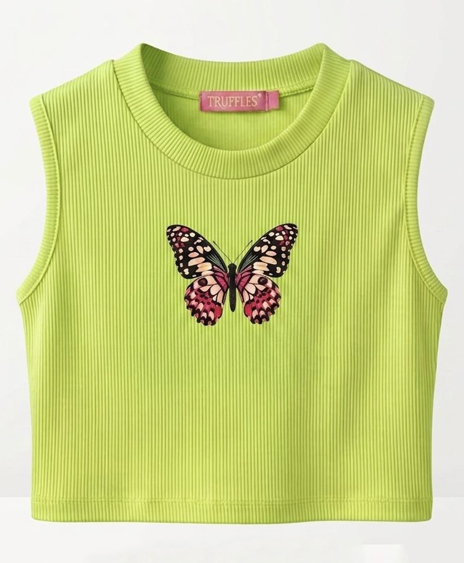 TRUFFLES Cotton Knit Sleeveless Butterfly Printed Crop Top - Light Green-picture-10