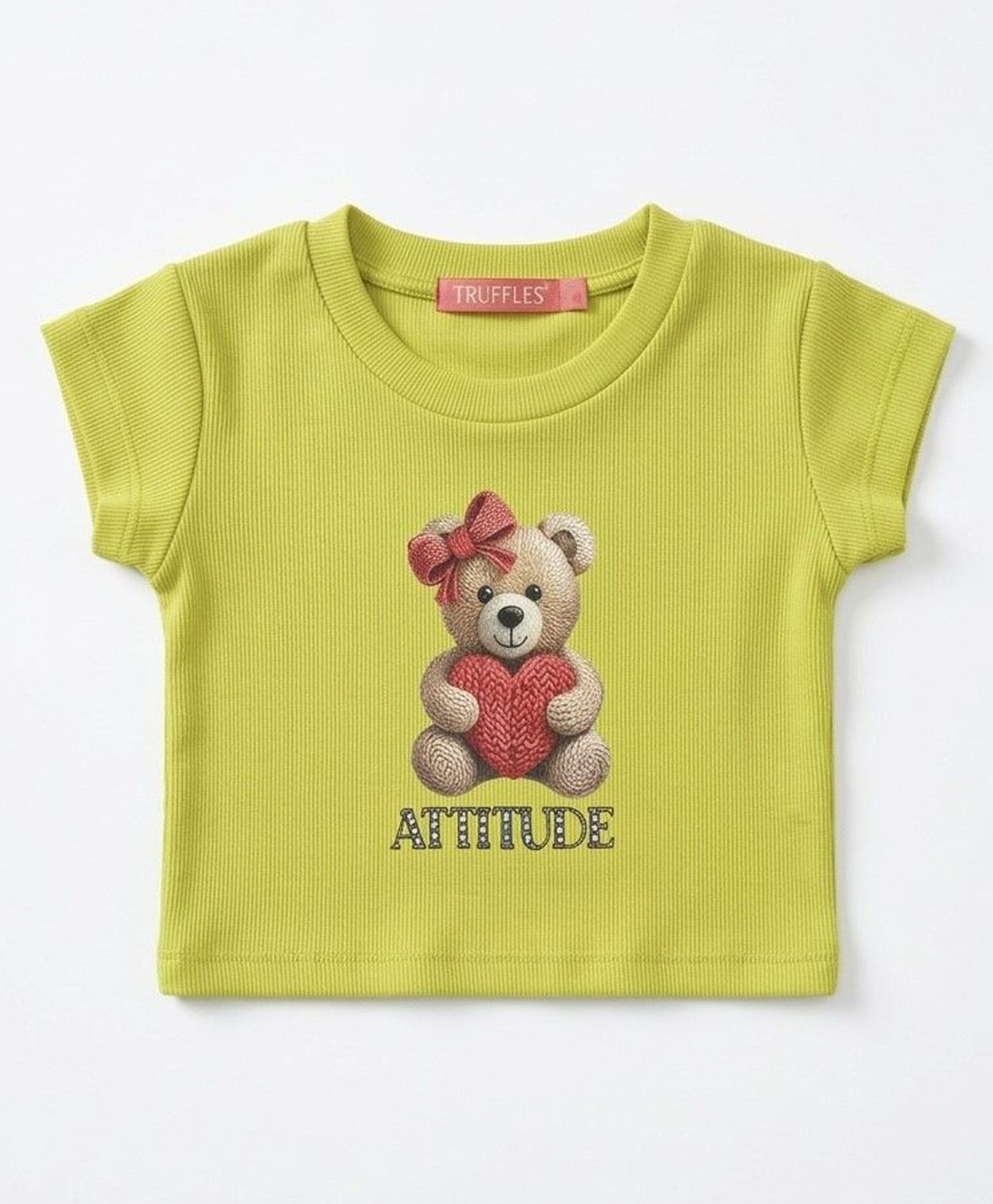 TRUFFLES Cotton Knit Half Sleeves Teddy Bear & Heart Printed Crop Top - Lime Green-picture-24