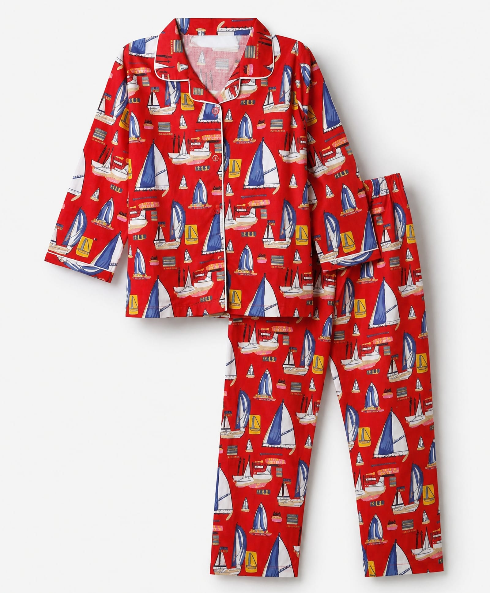 Enfance Core Cotton Knit Full Sleeves Co-Ords Shirt & Pyjama Night Suit with Yatch Print - Red-picture-4