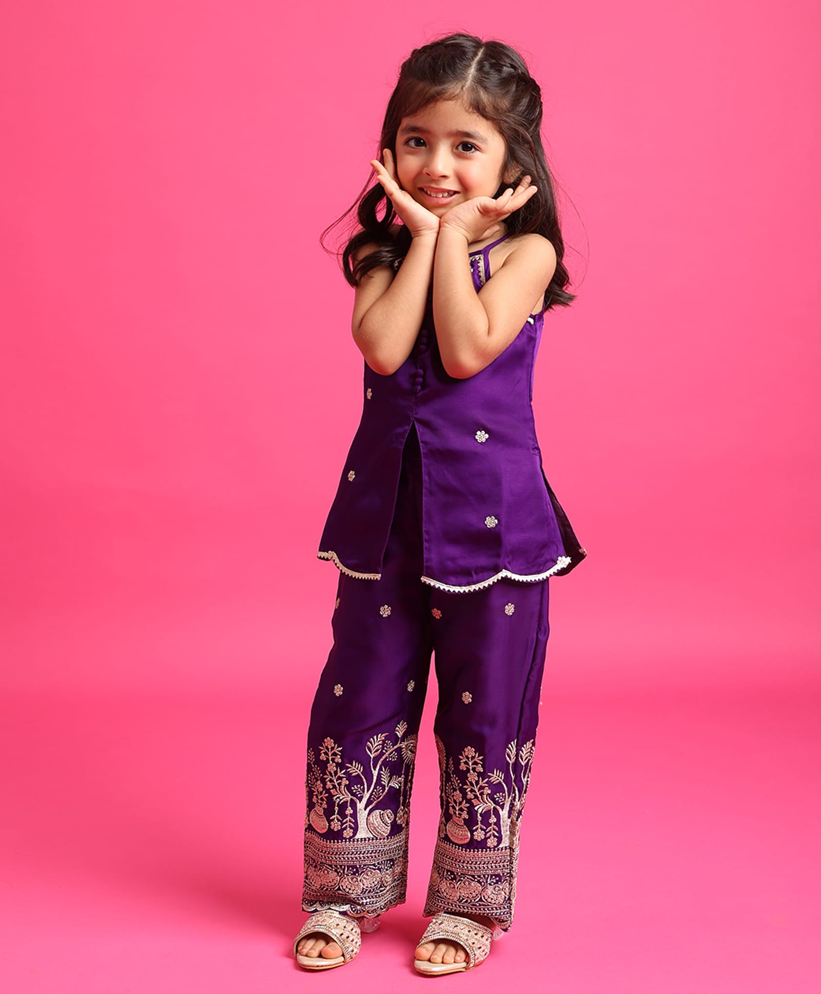 Tiny Kingodm Silk Woven Sleevless Floral Embroidered Lace Embellished Top & Pant Set - Purple-image-36